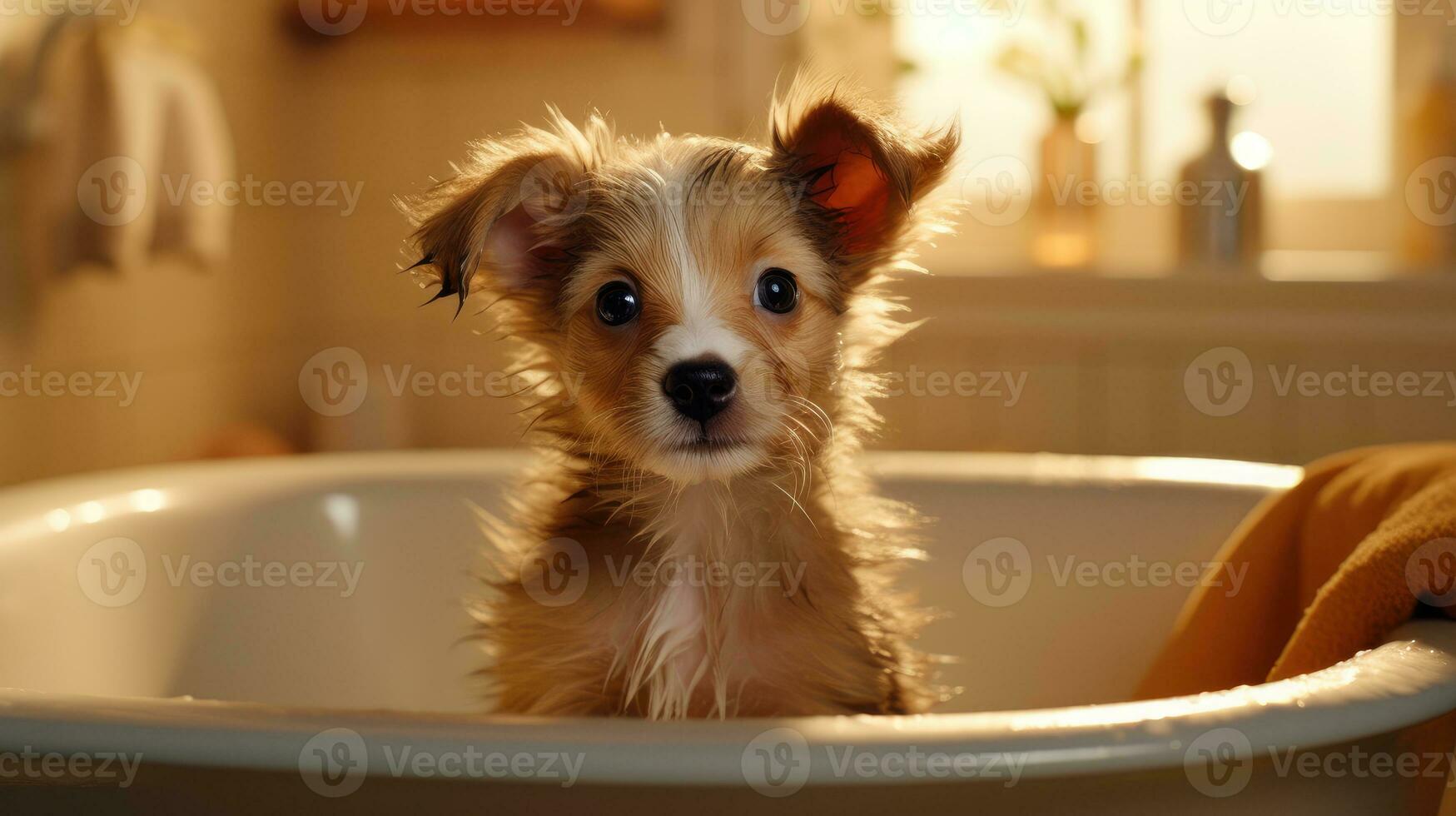 A cute pet puppy with wet hair is taking a bath. Generative AI photo