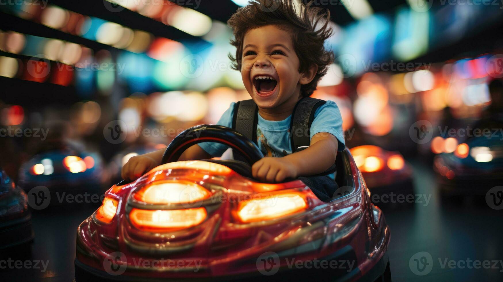 el alegría de un joven chico consiguiendo dentro un parachoque coche. generativo ai foto