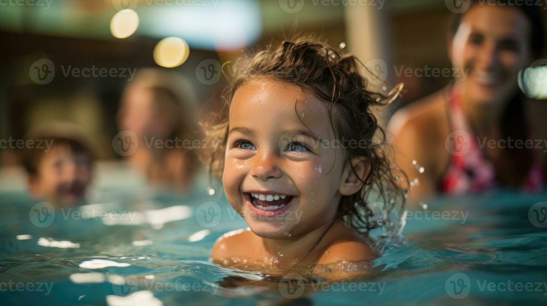 Female teacher giving swimming lessons to children in indoor pool. Generative AI photo