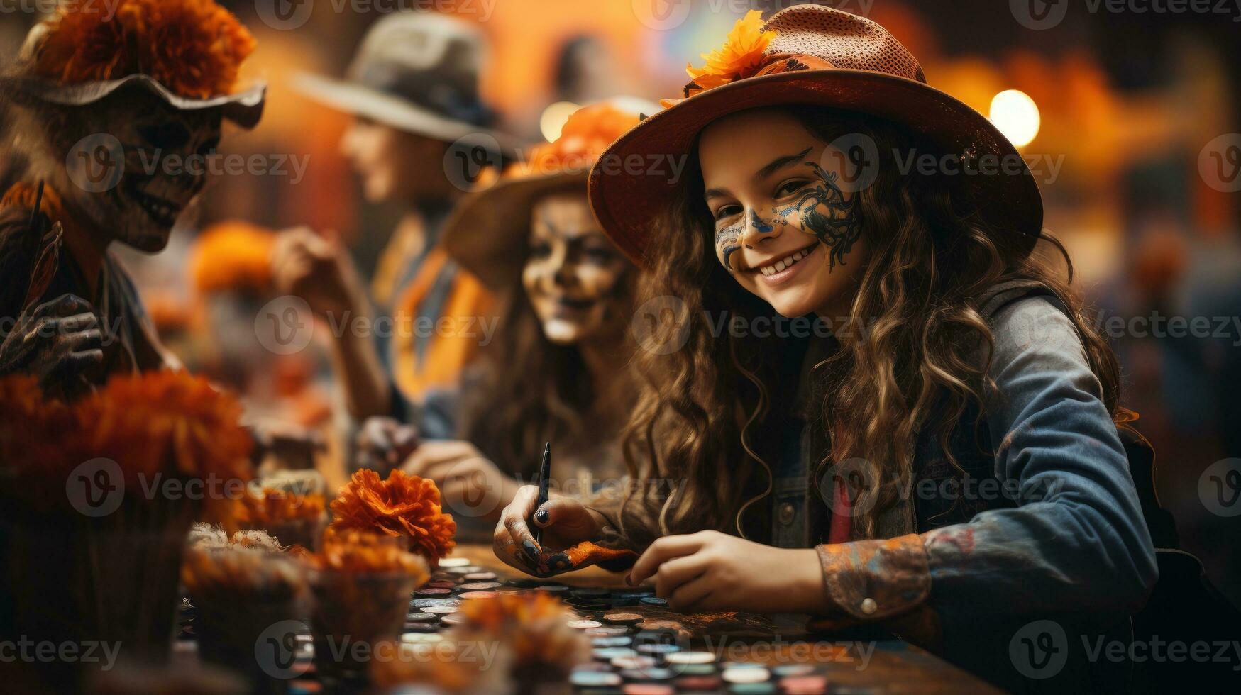 Kids painting their faces for Halloween. Generative AI photo