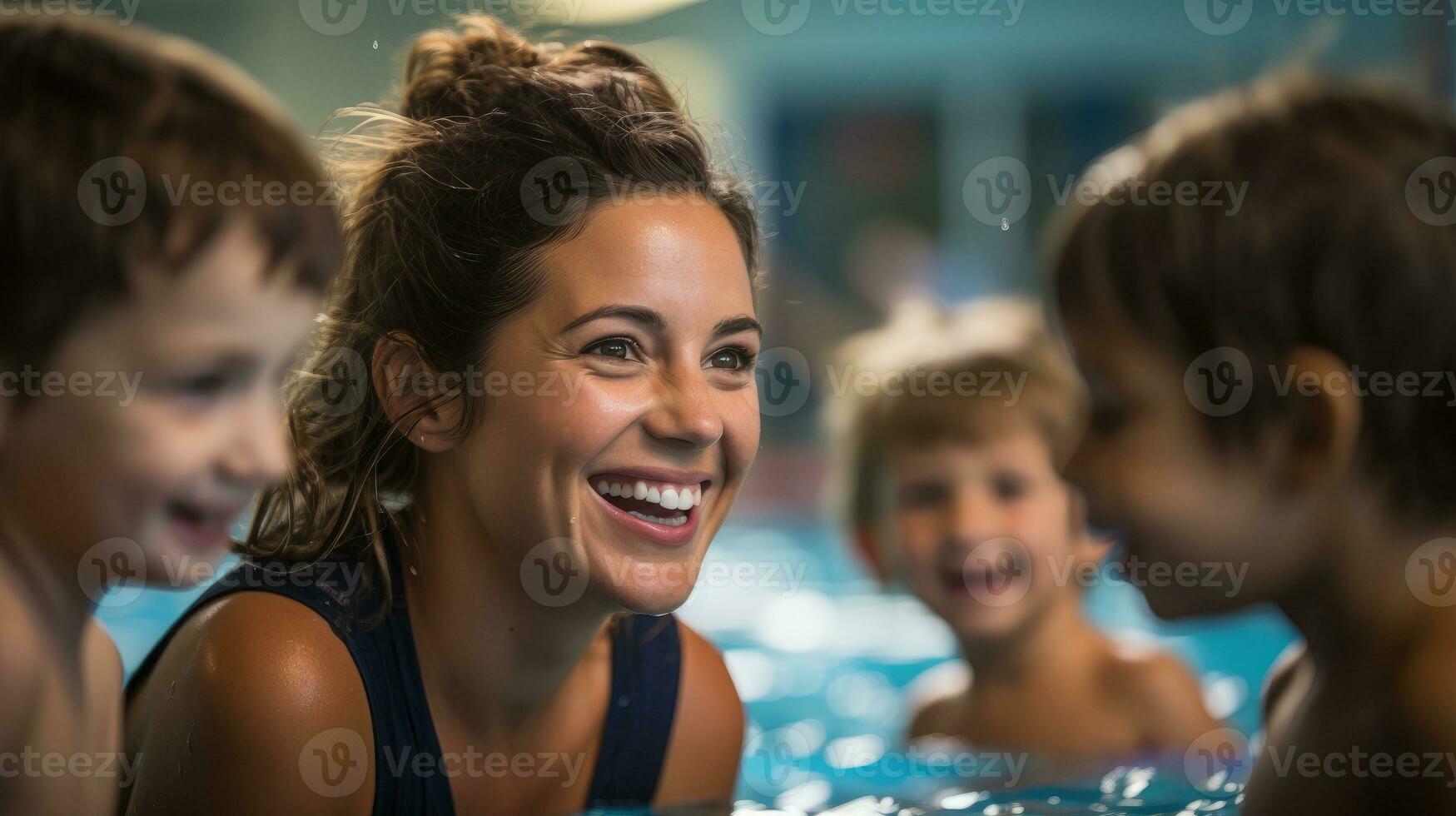 Female teacher giving swimming lessons to children in indoor pool. Generative AI photo