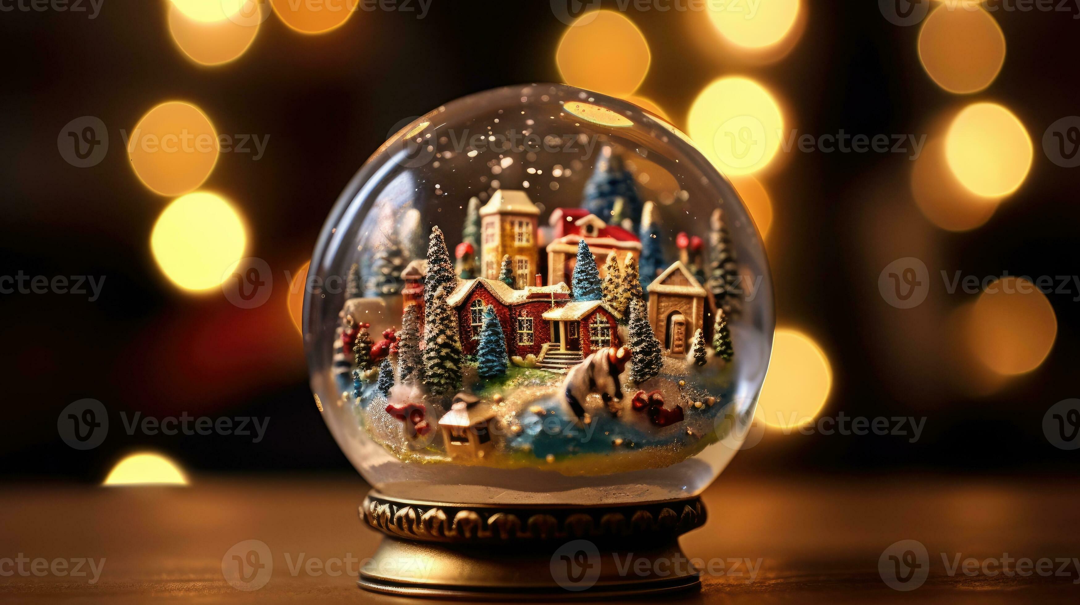 Christmas snow globe isolated on background with yellow light