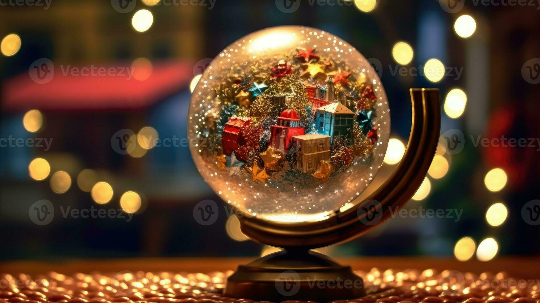 Christmas snow globe isolated on background with yellow light. Generative AI photo