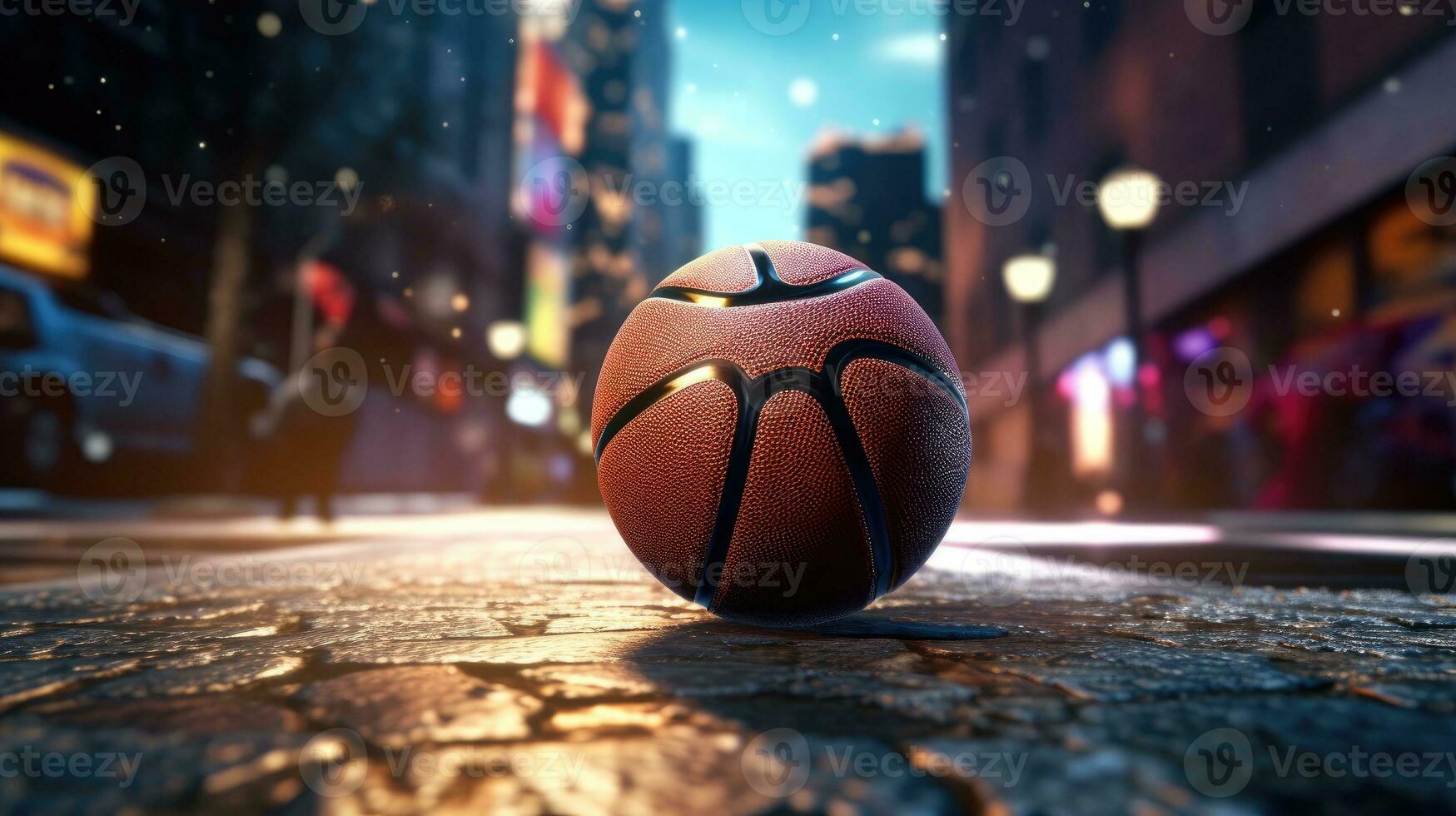 Concept of standing basketball ball isolated on city background. Generative AI photo