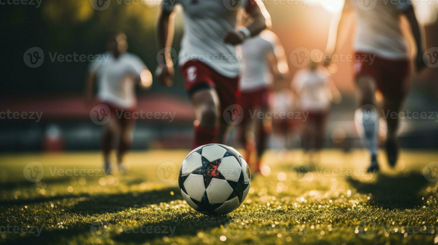 Close-up of soccer player running to hit the ball. Generative AI photo