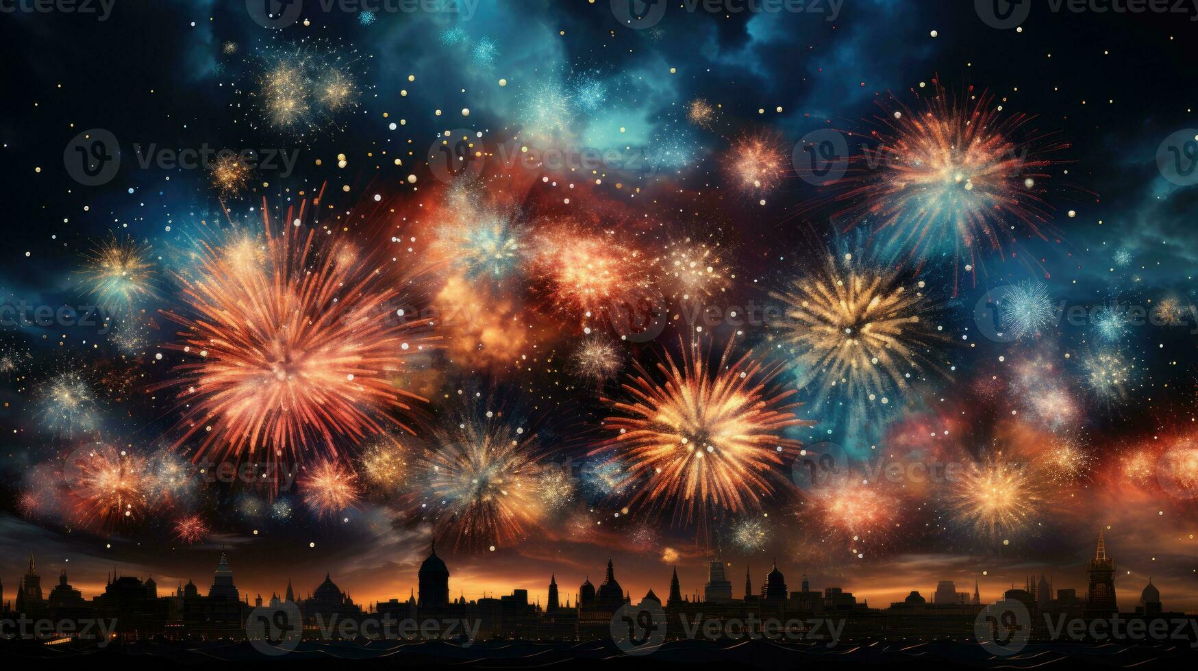 Fireworks exploding over cities in the dark at night. Generative AI photo