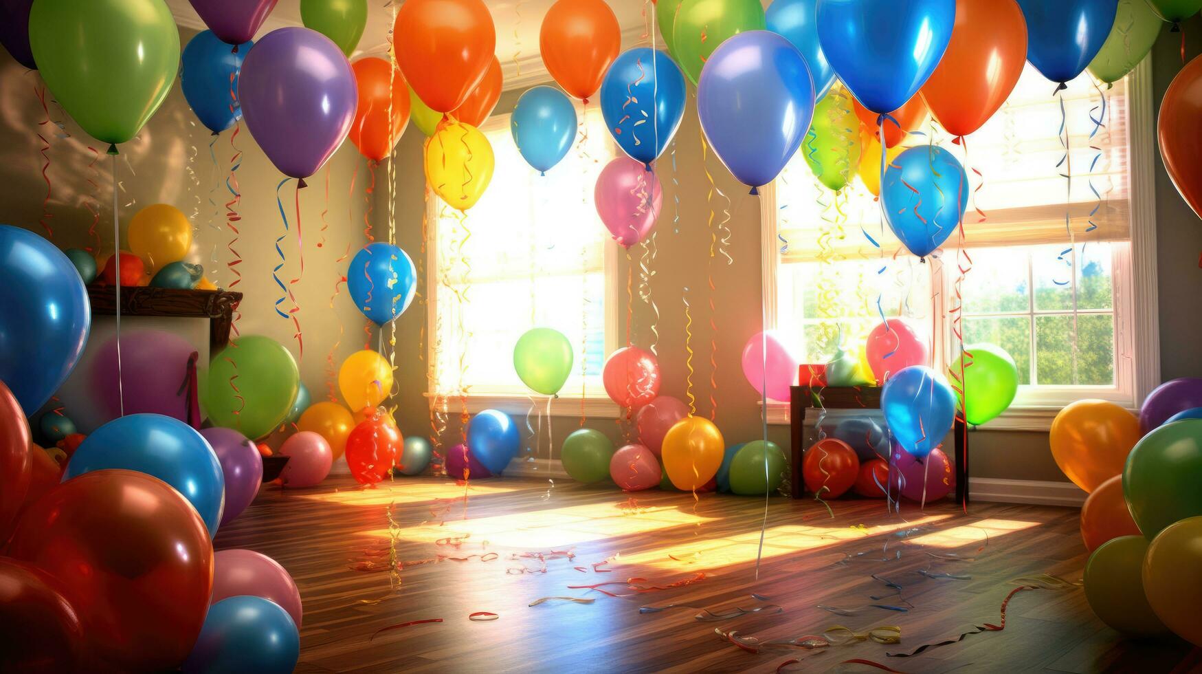 vistoso globos adornando el lados y un temática de cumpleaños ajuste. generativo ai foto