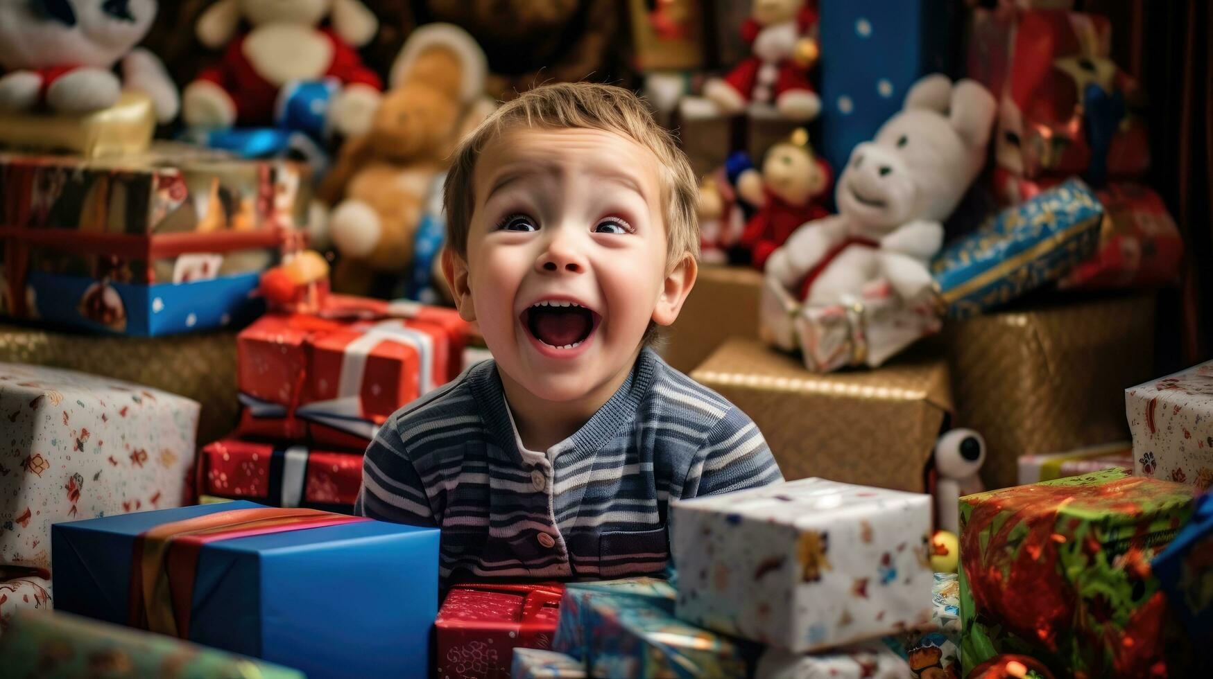 Cute little boy with birthday gift boxes in front of him. Generative AI photo