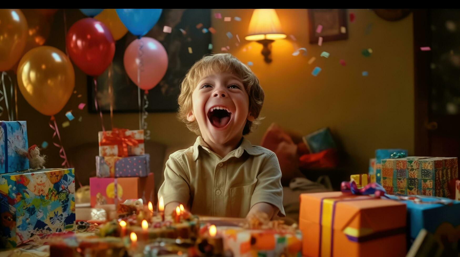 linda pequeño chico con cumpleaños regalo cajas en frente de a él. generativo ai foto