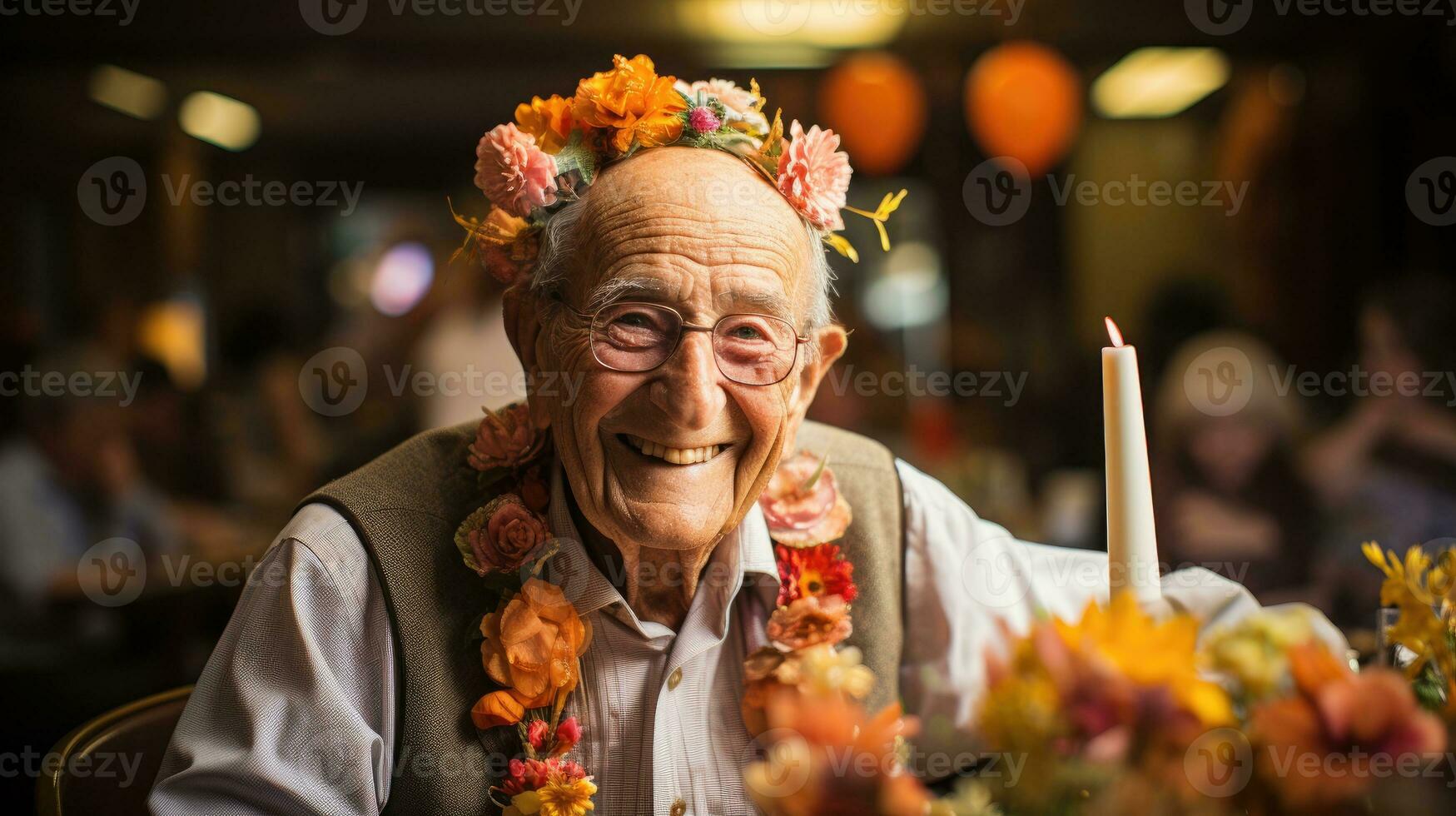 Cute man celebrating his birthday with his friends in a nursing home. Generative AI photo