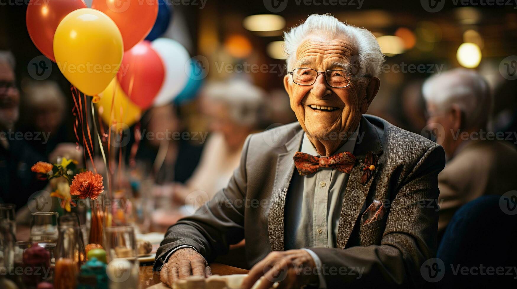 Cute man celebrating his birthday with his friends in a nursing home. Generative AI photo