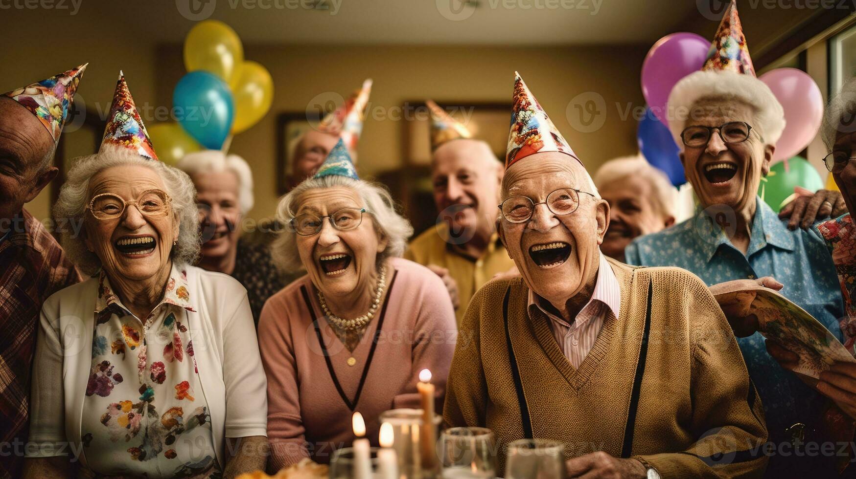 Cute man celebrating his birthday with his friends in a nursing home. Generative AI photo