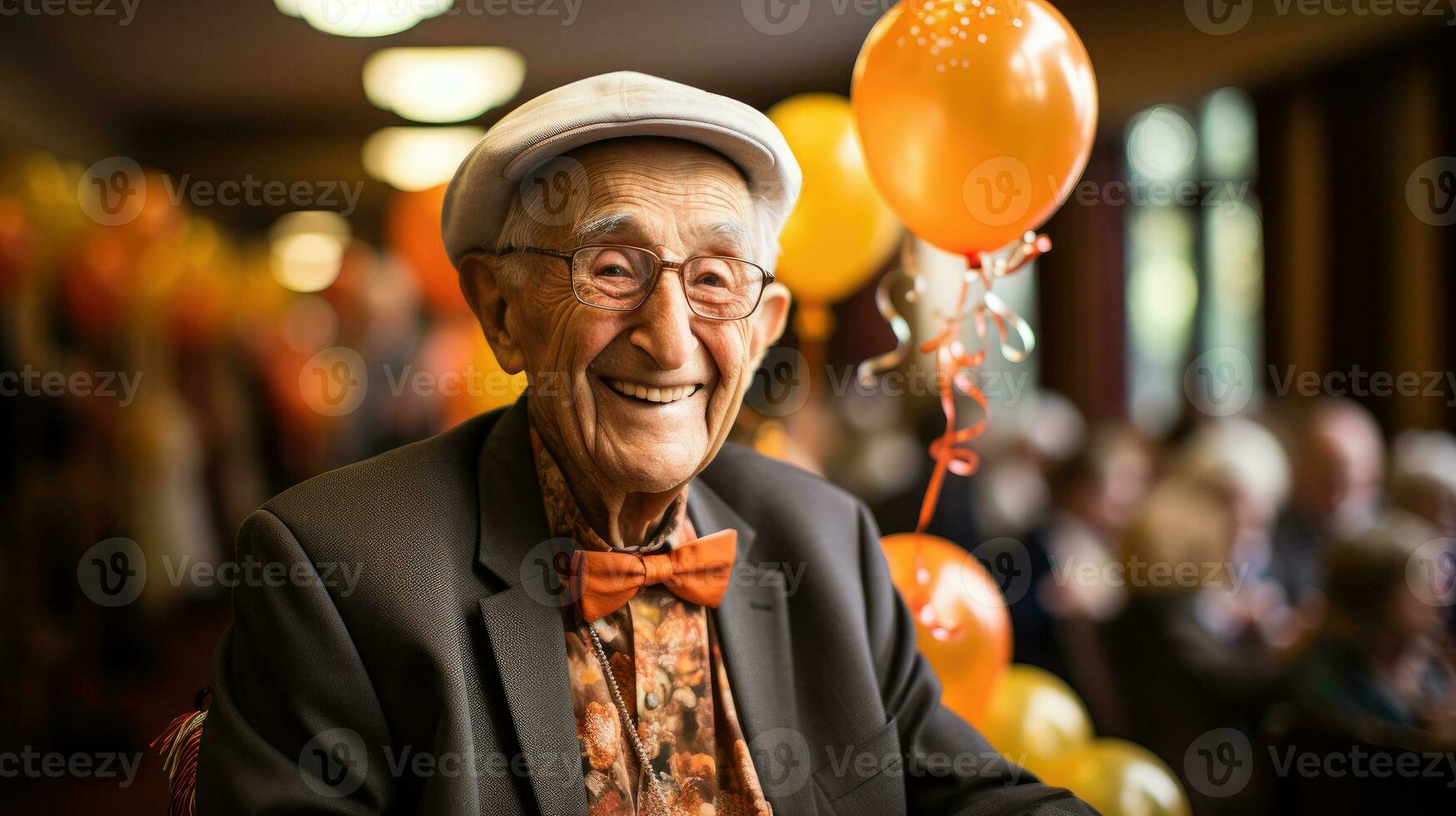 Cute man celebrating his birthday with his friends in a nursing home. Generative AI photo