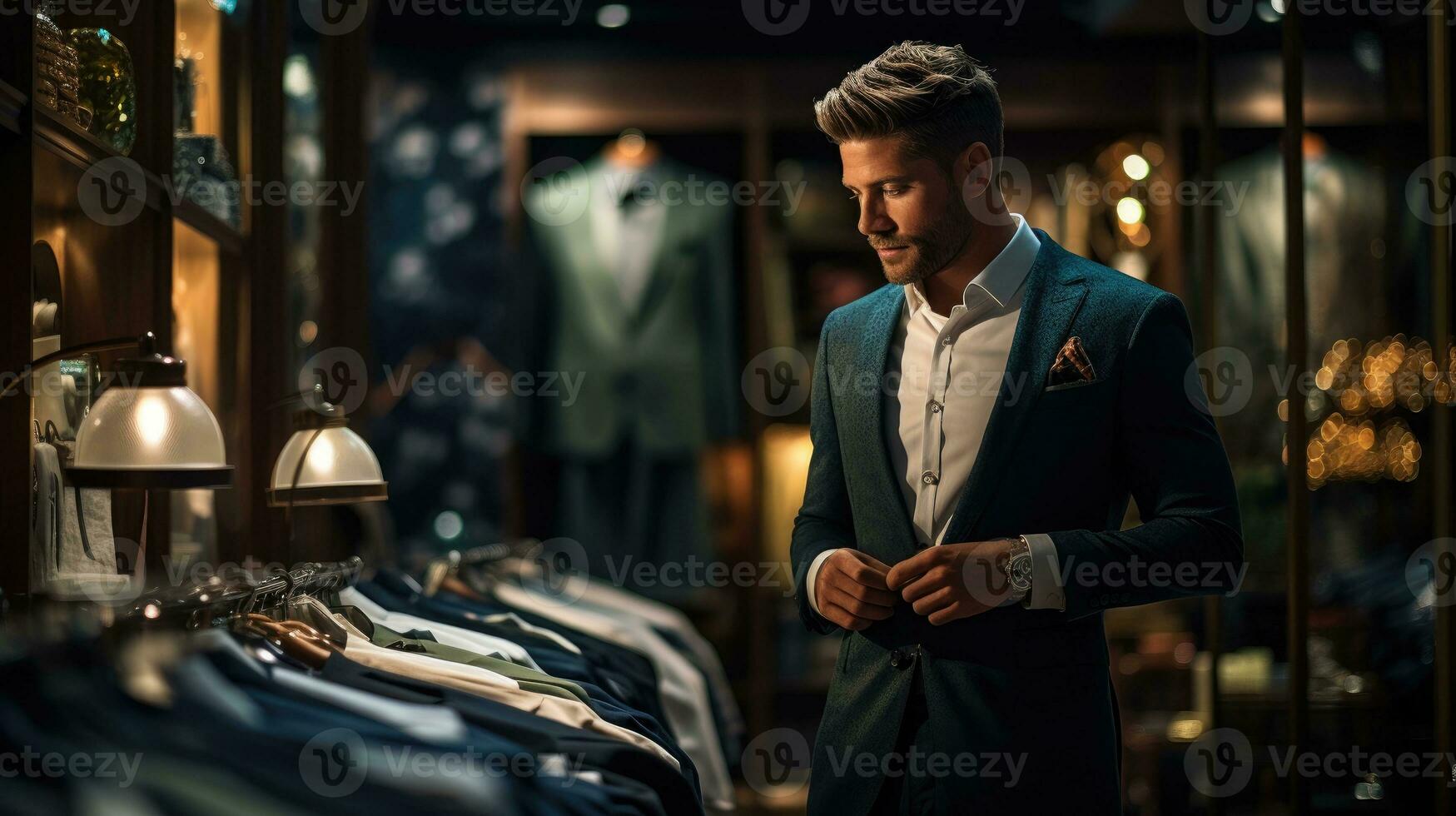 A stylish man is shopping in a modern clothing store. Generative AI photo