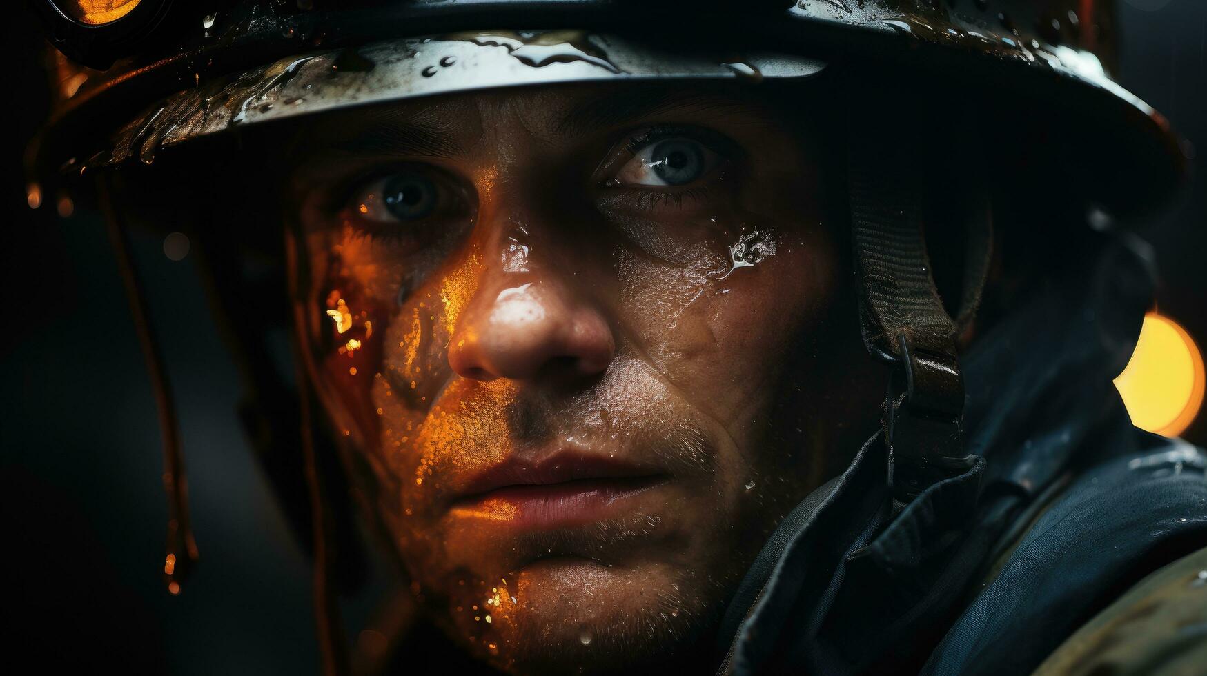 Close-up of a firefighter's tired and worried face during a fire. Generative AI photo