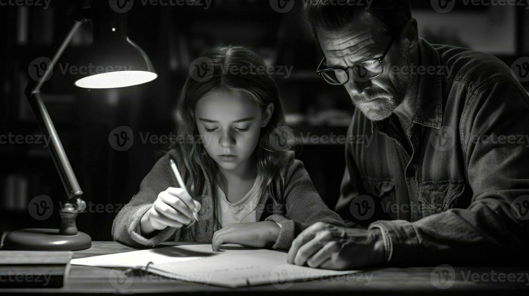 un padre y hija felizmente haciendo su deberes juntos. generativo ai foto