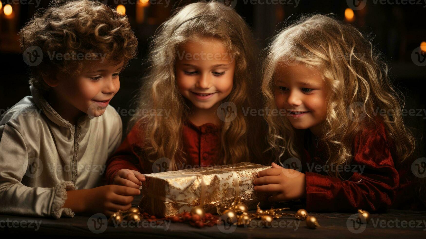 Happy children receiving Christmas presents. Generative AI photo