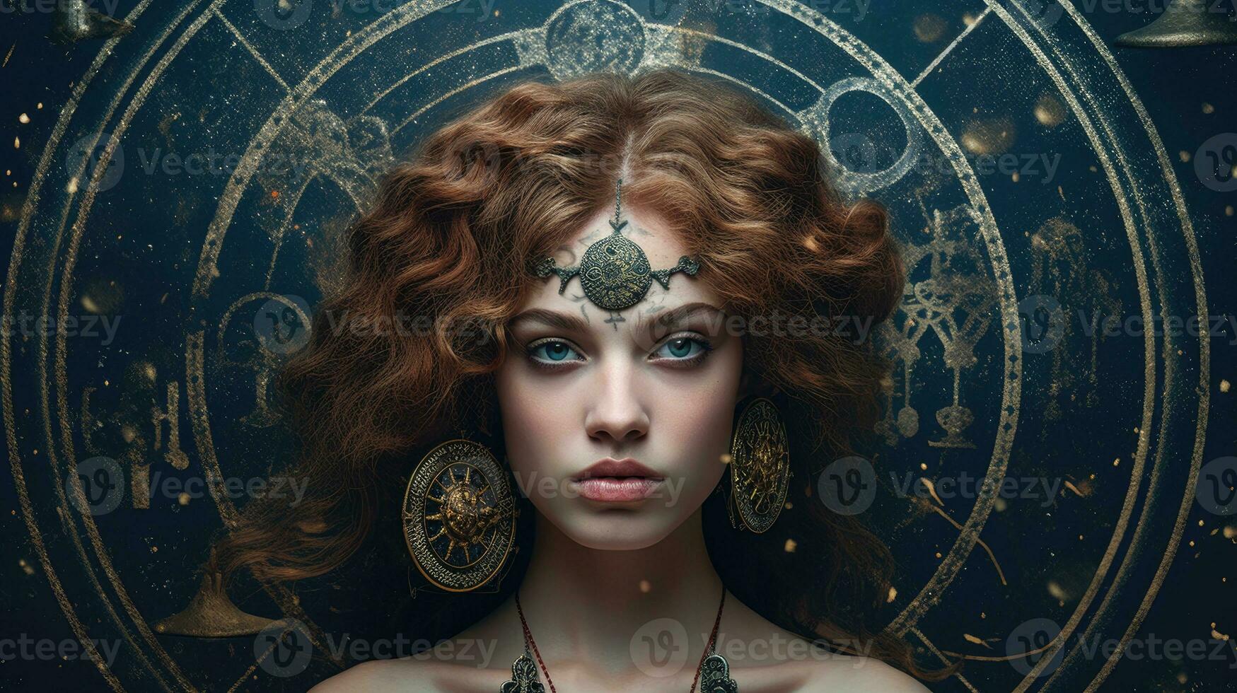 Beautiful girl surrounded by a detailed astrological chart symbolizing the zodiac. Generative AI photo