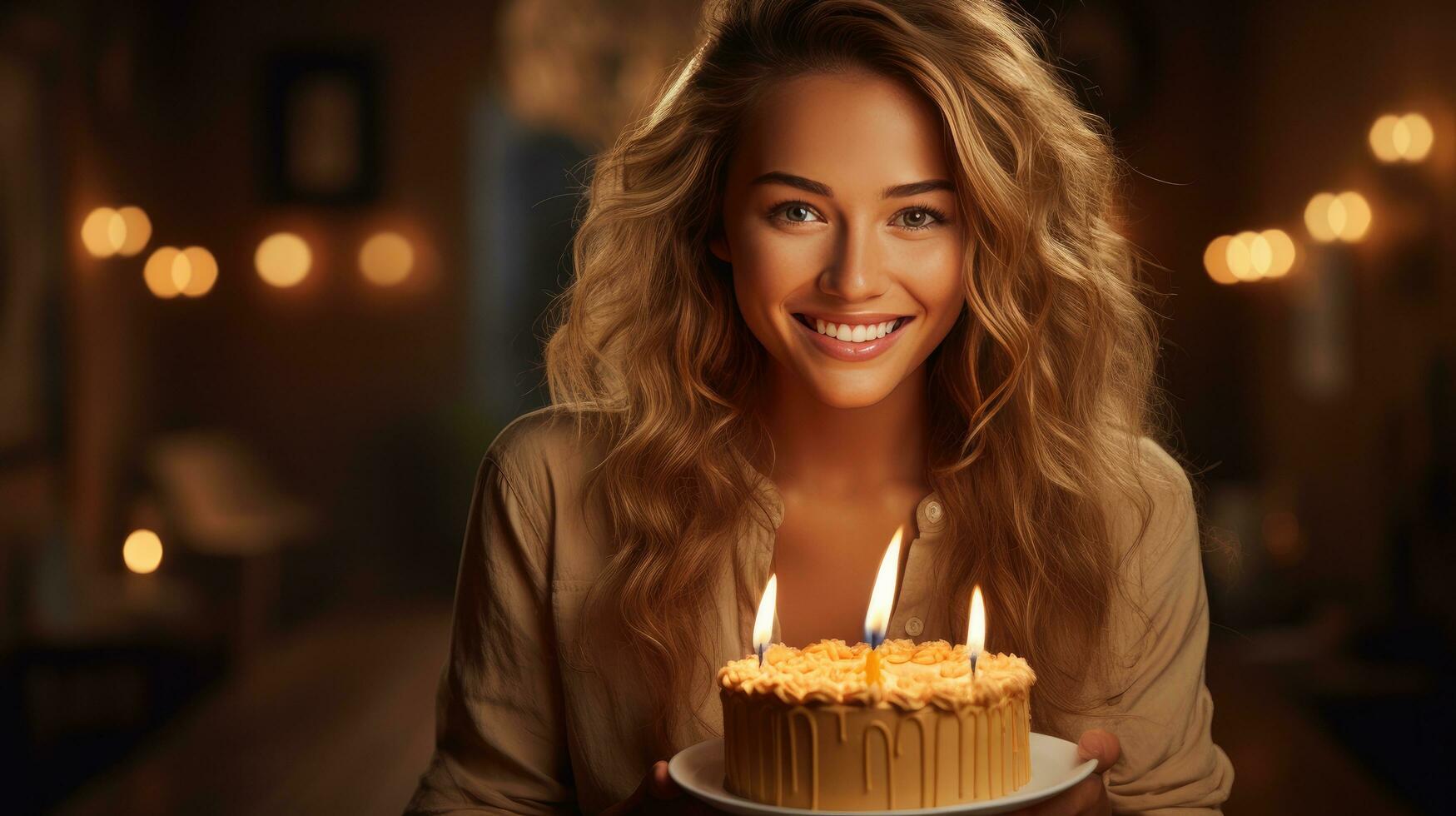 beautiful girl holding a birthday cake. Generative AI photo