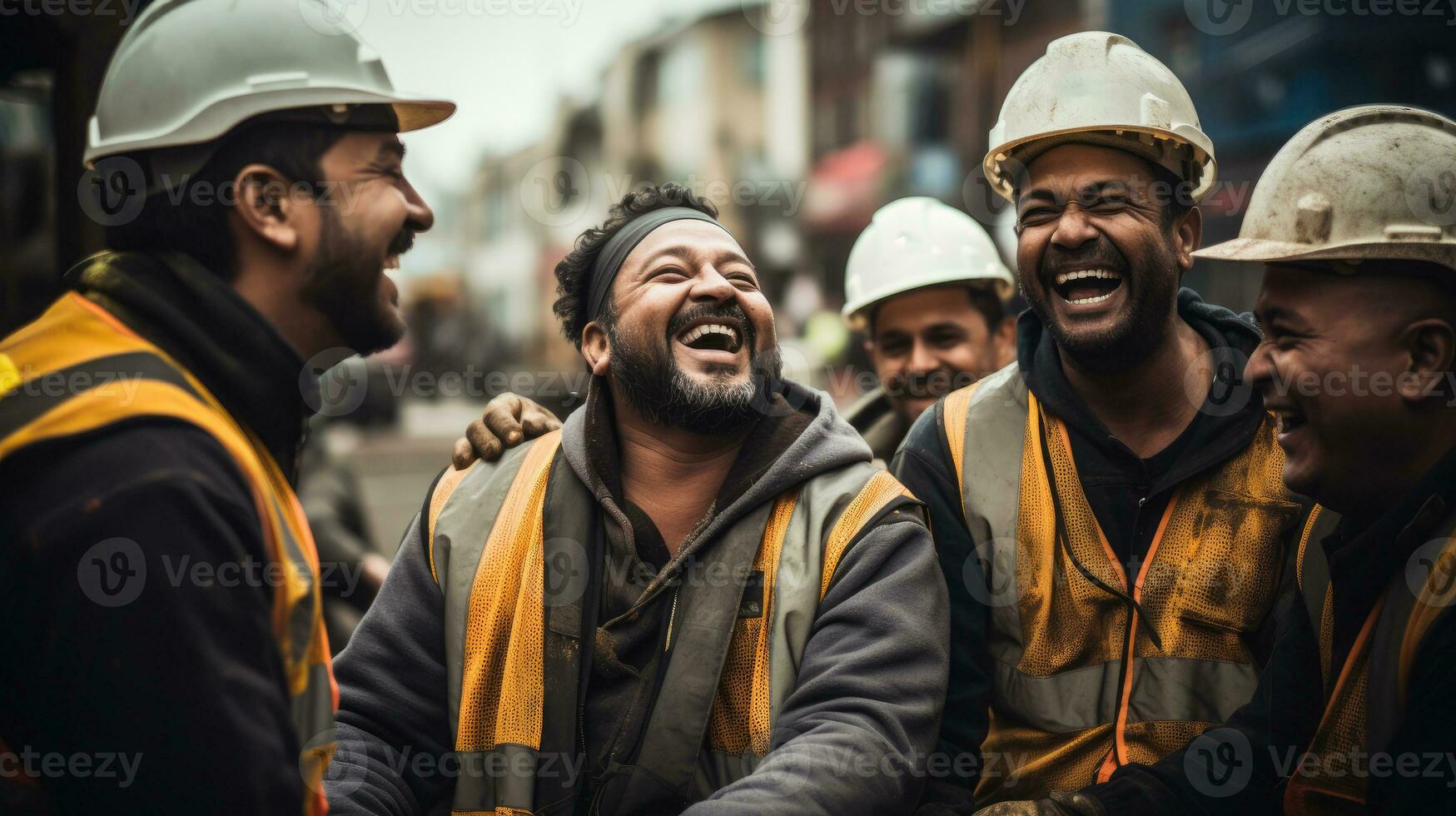 Memoir about a team of construction workers, their smiles and friendship at the construction site. Generative AI photo