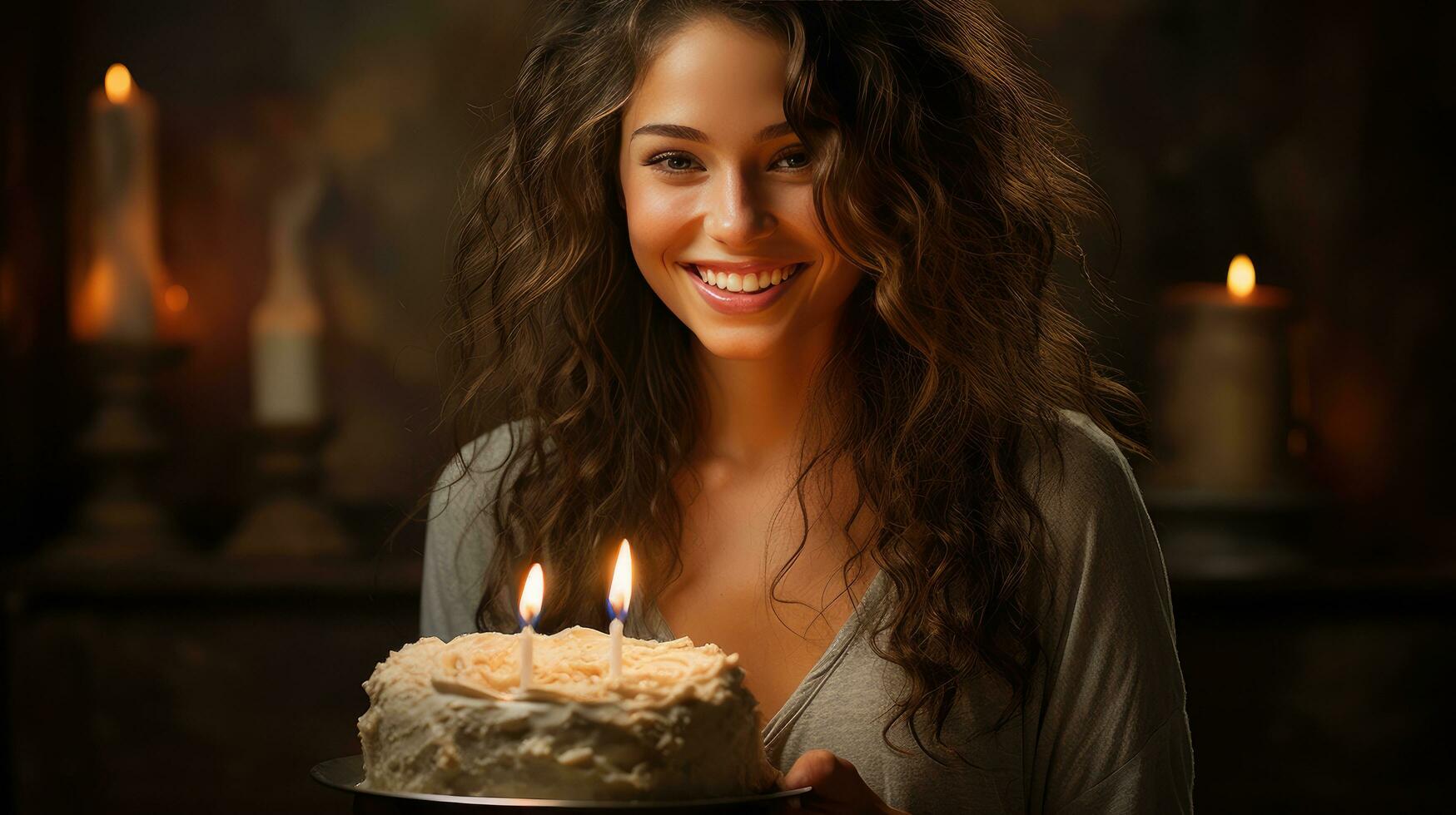 hermosa niña participación un cumpleaños pastel. generativo ai foto