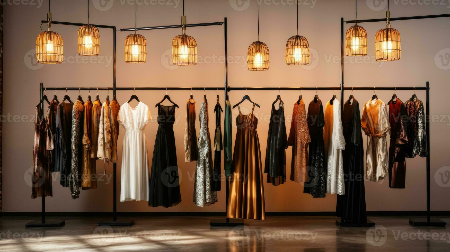 Rows of clothes meticulously arranged on hangers displaying a variety of fabrics, patterns and colours. Generative AI photo