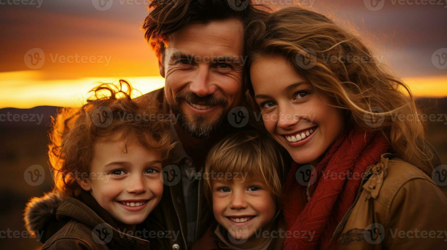 contento sonrisas de un familia a puesta de sol en verde naturaleza. generativo ai foto