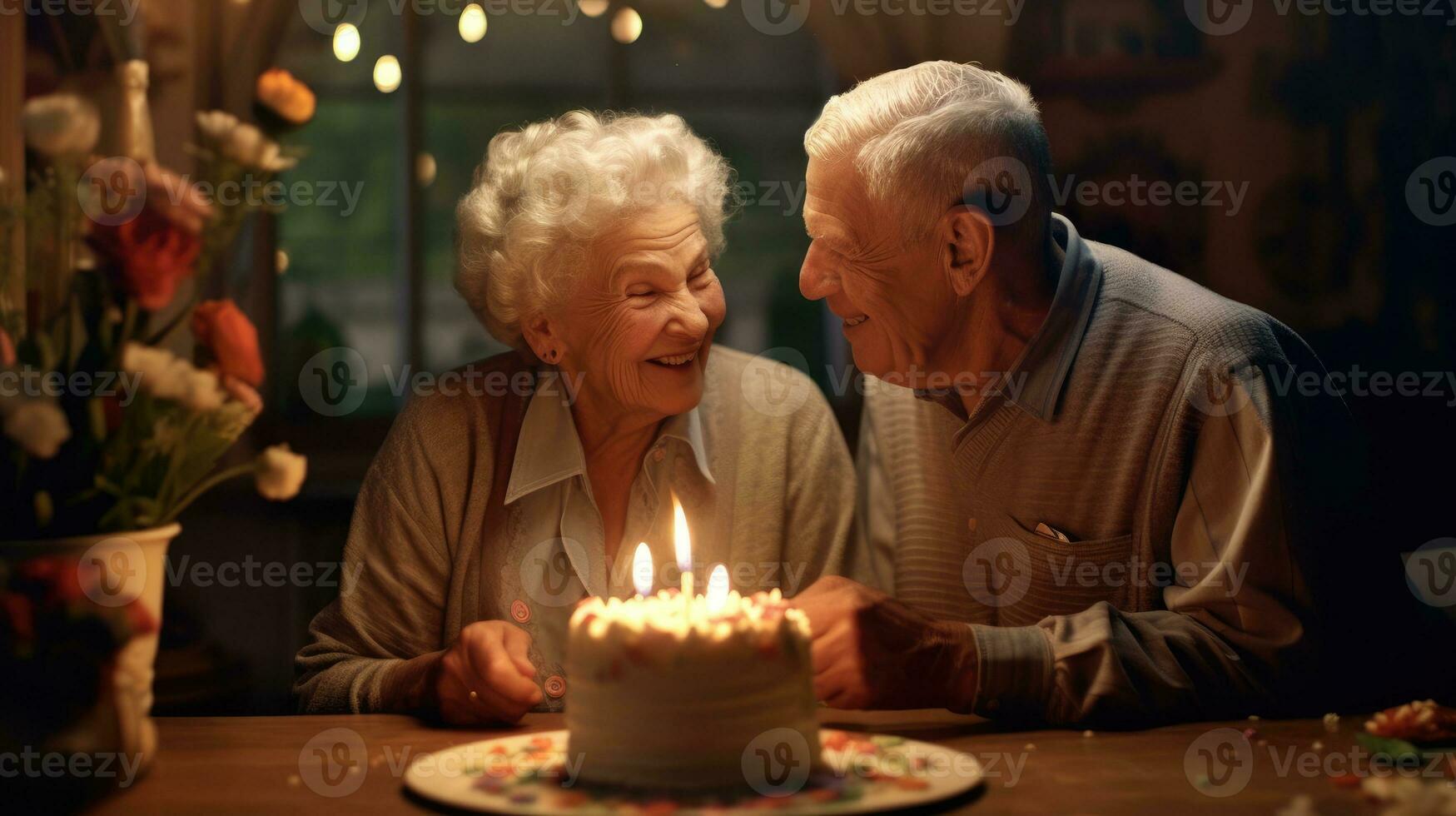Adorable elderly husband and wife celebrate their birthday happily. Generative AI photo