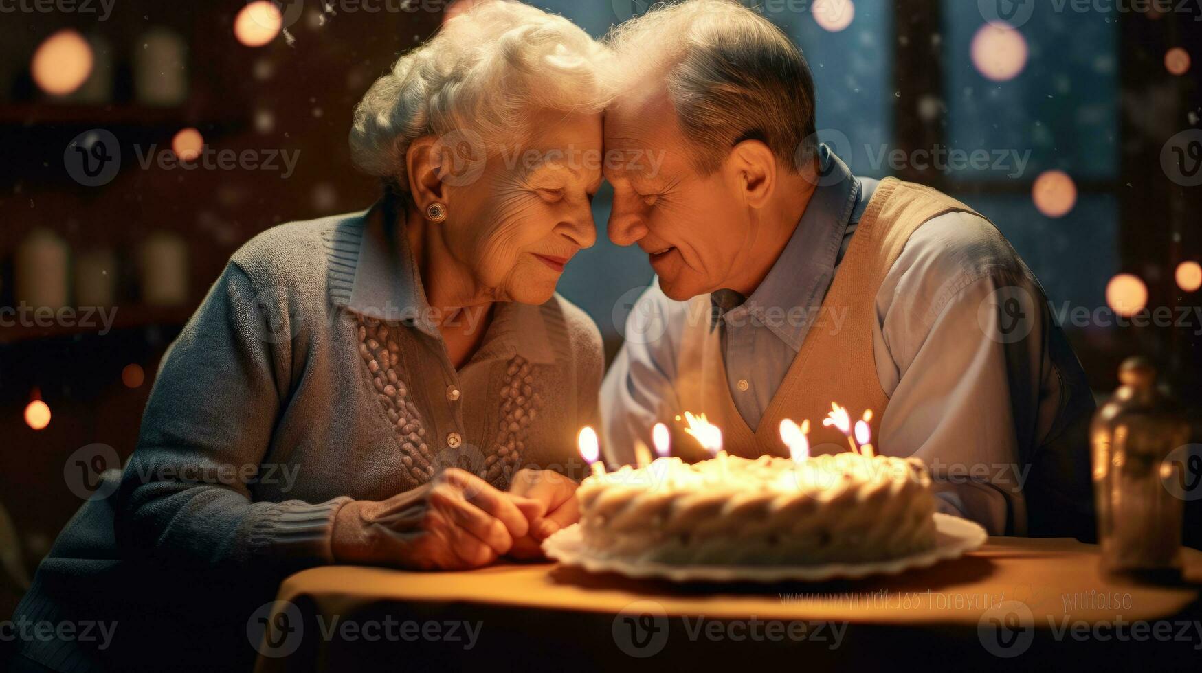 Adorable elderly husband and wife celebrate their birthday happily. Generative AI photo