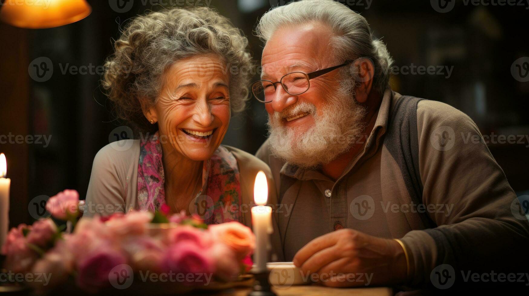 Adorable elderly husband and wife celebrate their birthday happily. Generative AI photo