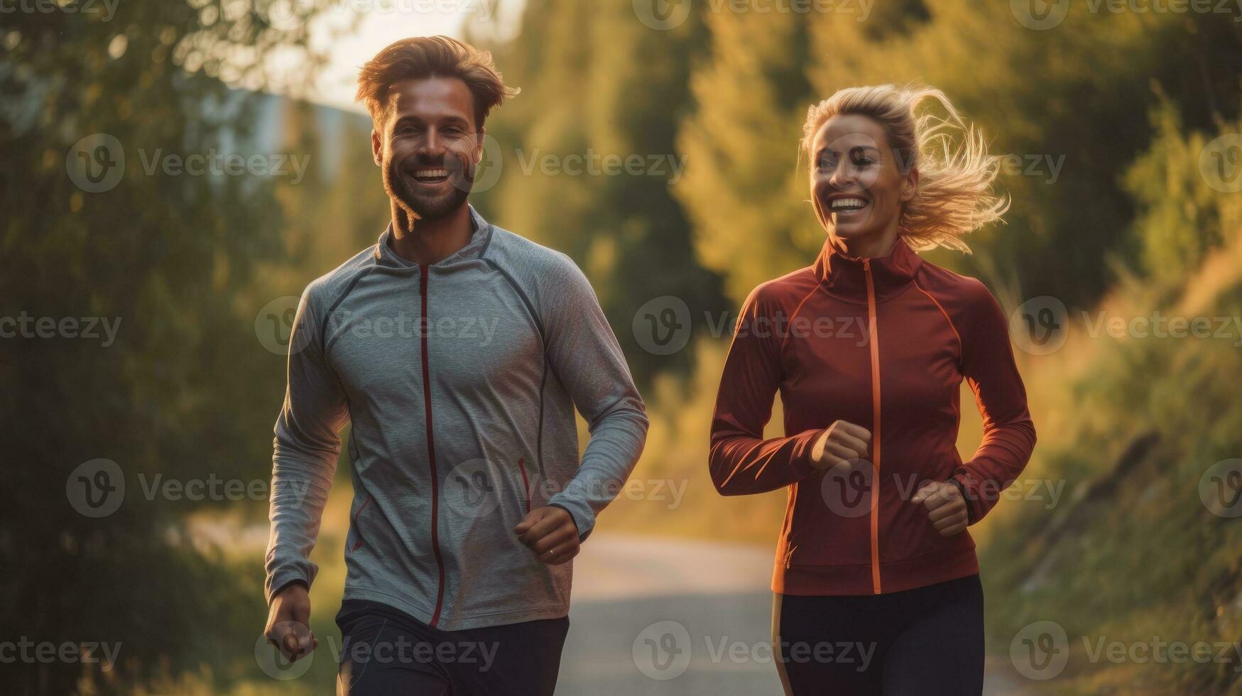 A man and a woman running happily side by side in nature. Generative AI photo