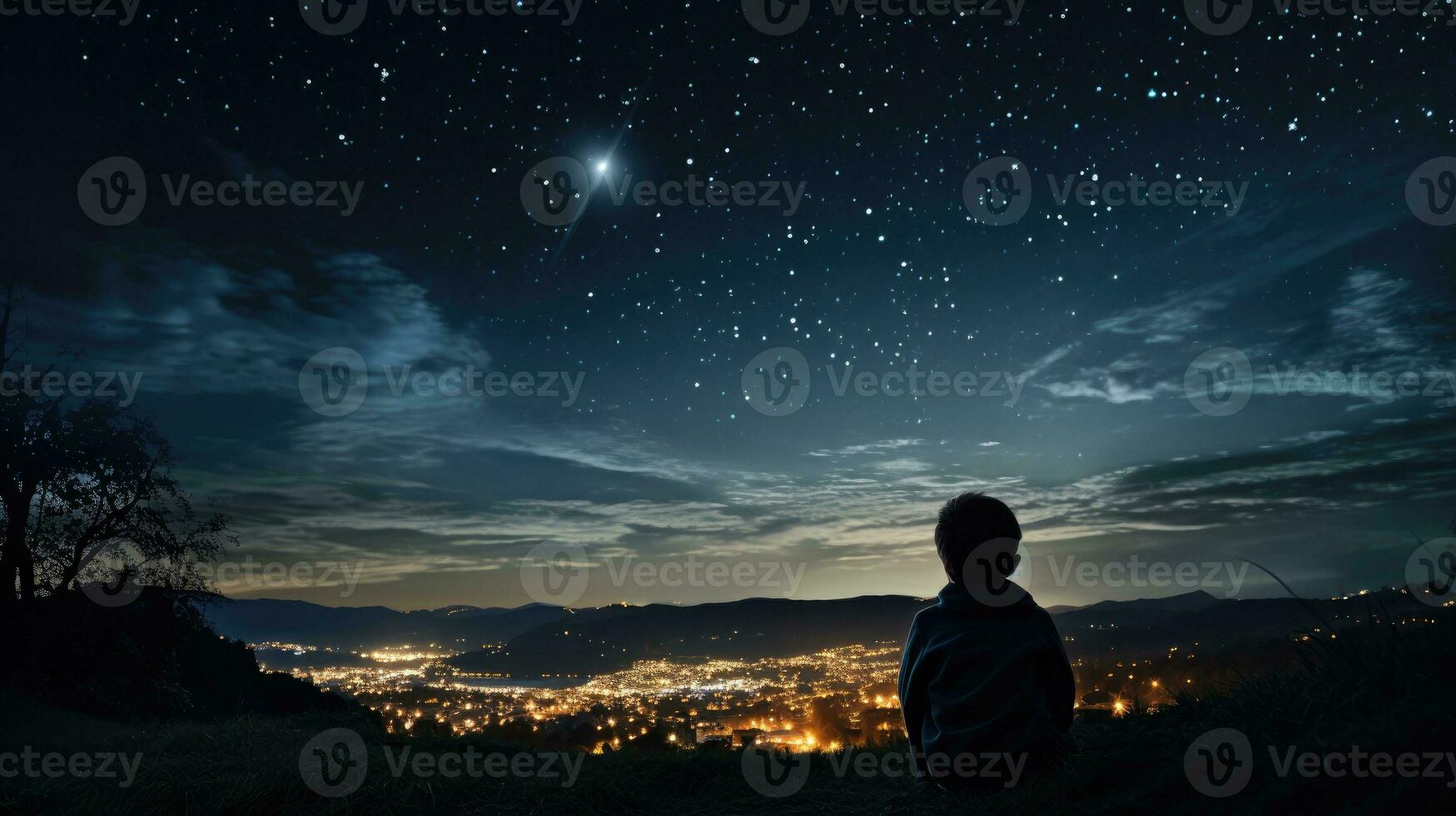 un niño asombroso momento como él miradas a el universo en un de luna noche. generativo ai foto