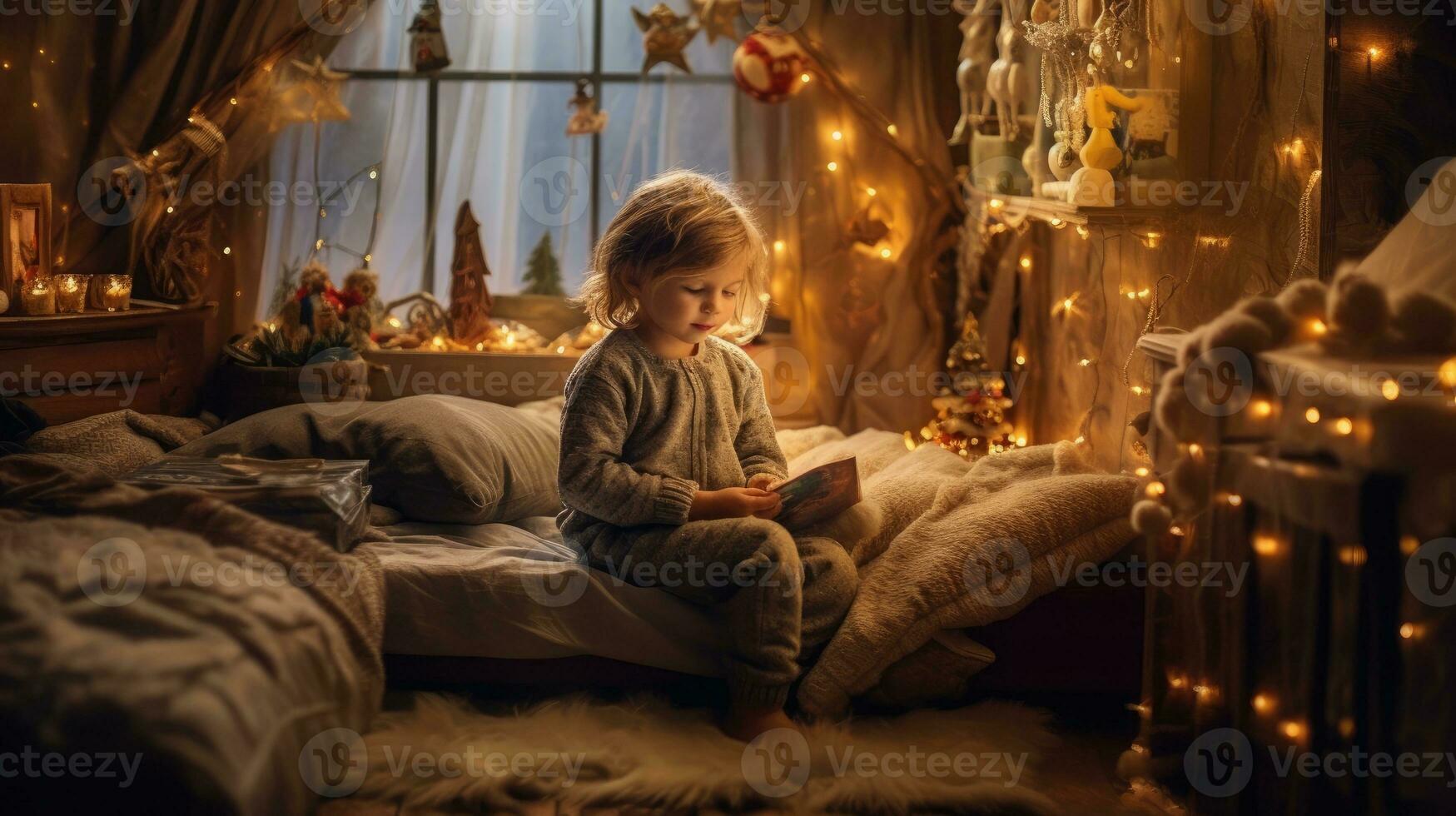 Boy waiting for gift from Santa Claus in bedroom on New Year's Eve. Generative AI photo