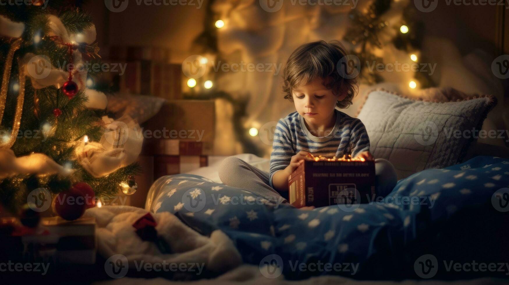 Boy waiting for gift from Santa Claus in bedroom on New Year's Eve. Generative AI photo