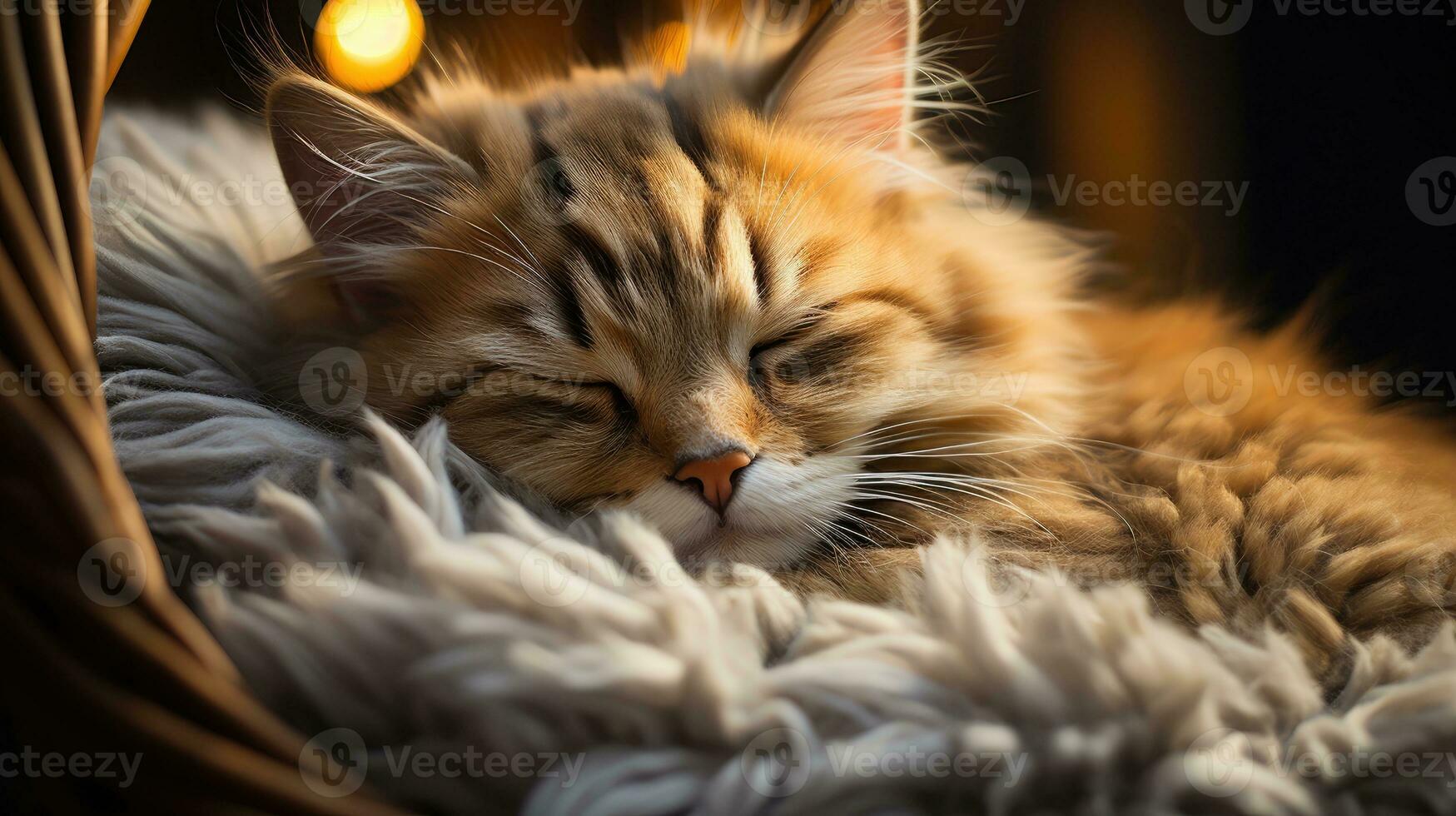 A lovely kitten sleeping peacefully at home. Generative AI photo