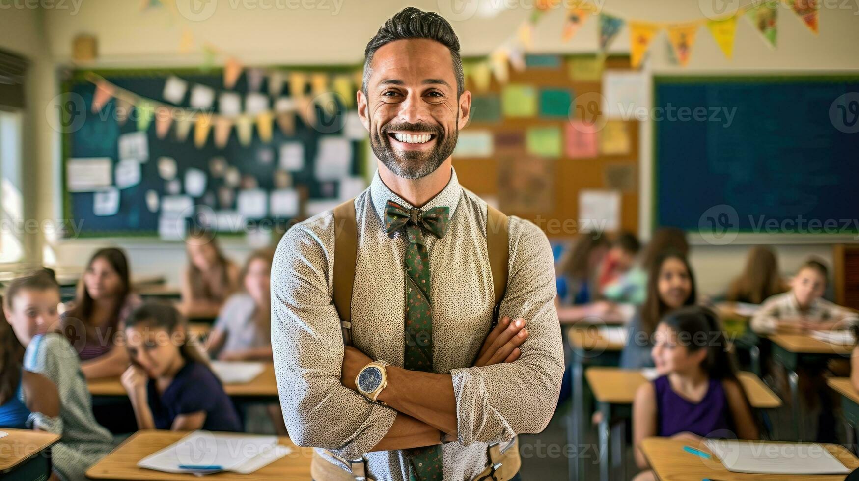 Happy male teacher in an elementary school classroom. Generative AI photo