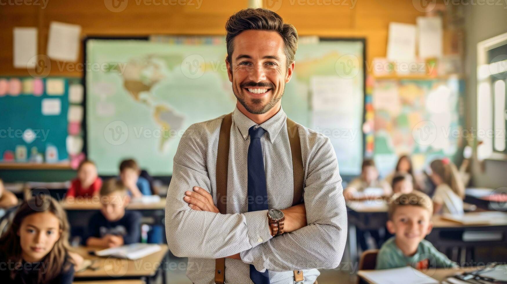 Happy male teacher in an elementary school classroom. Generative AI photo