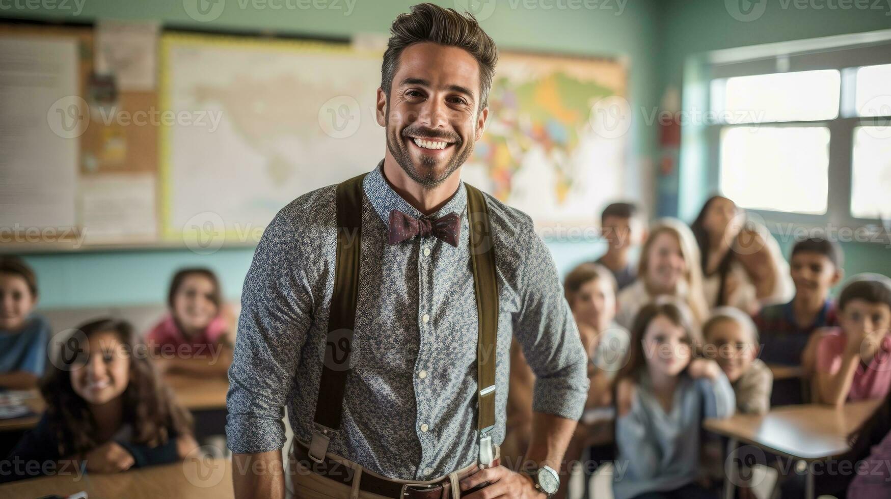 Happy male teacher in an elementary school classroom. Generative AI photo
