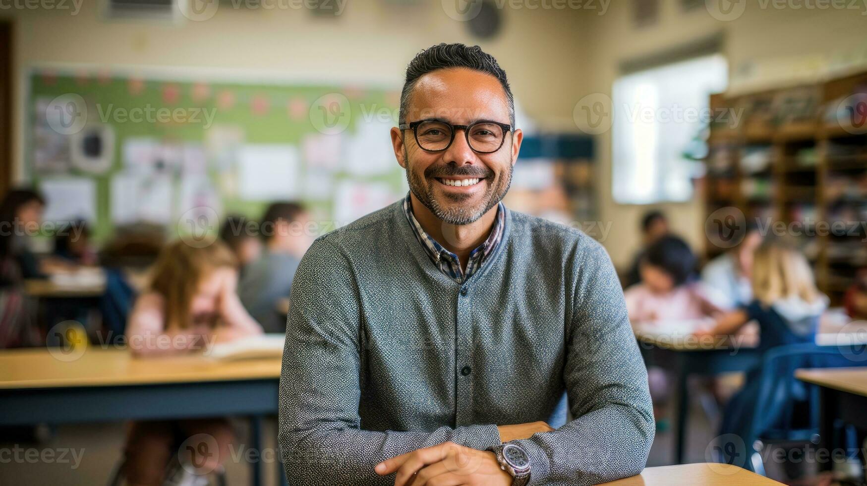 Happy male teacher in an elementary school classroom. Generative AI photo