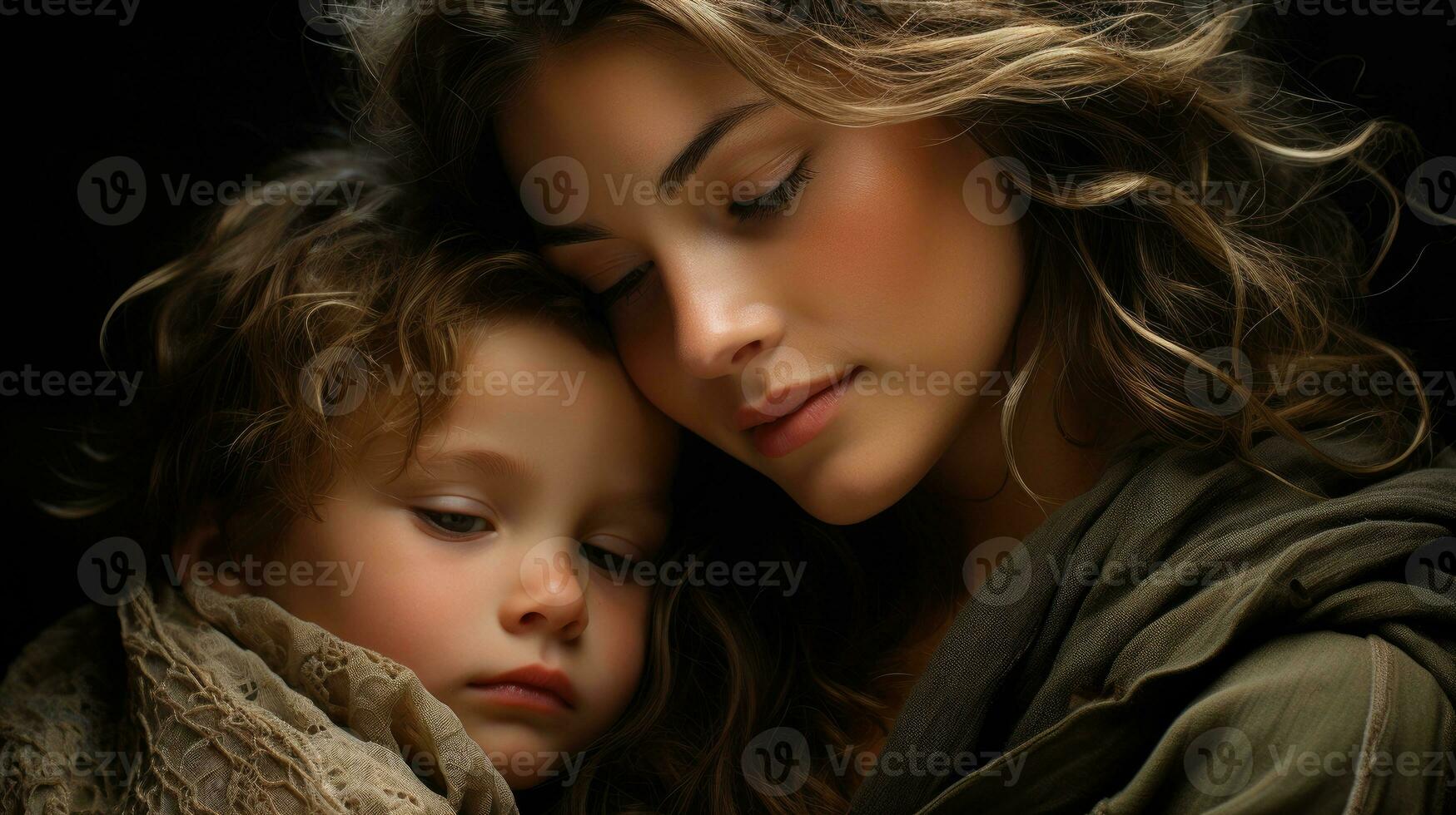 A mother gently resting her child's head on her cheek. Generative AI photo
