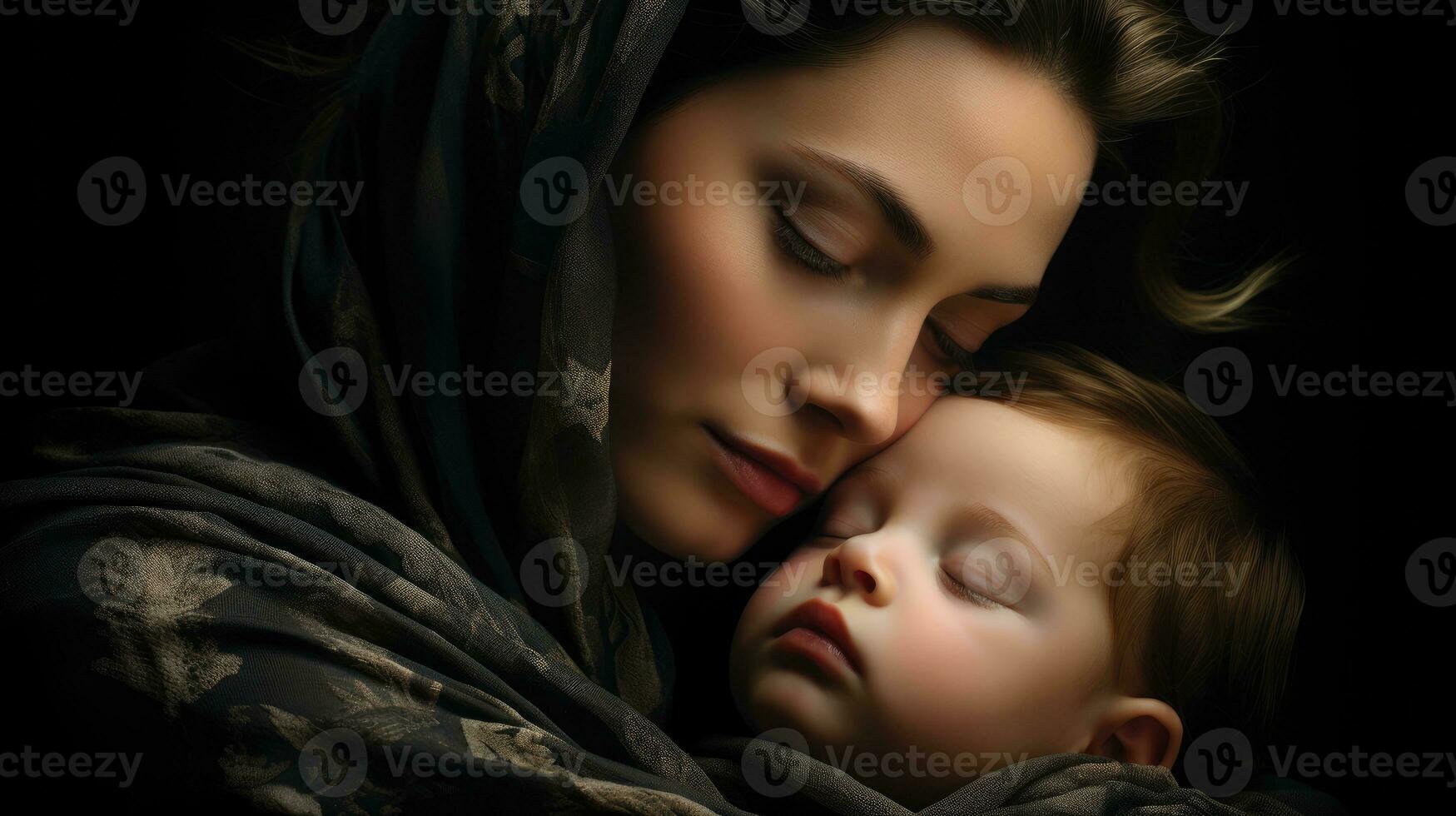 A mother gently resting her child's head on her cheek. Generative AI photo