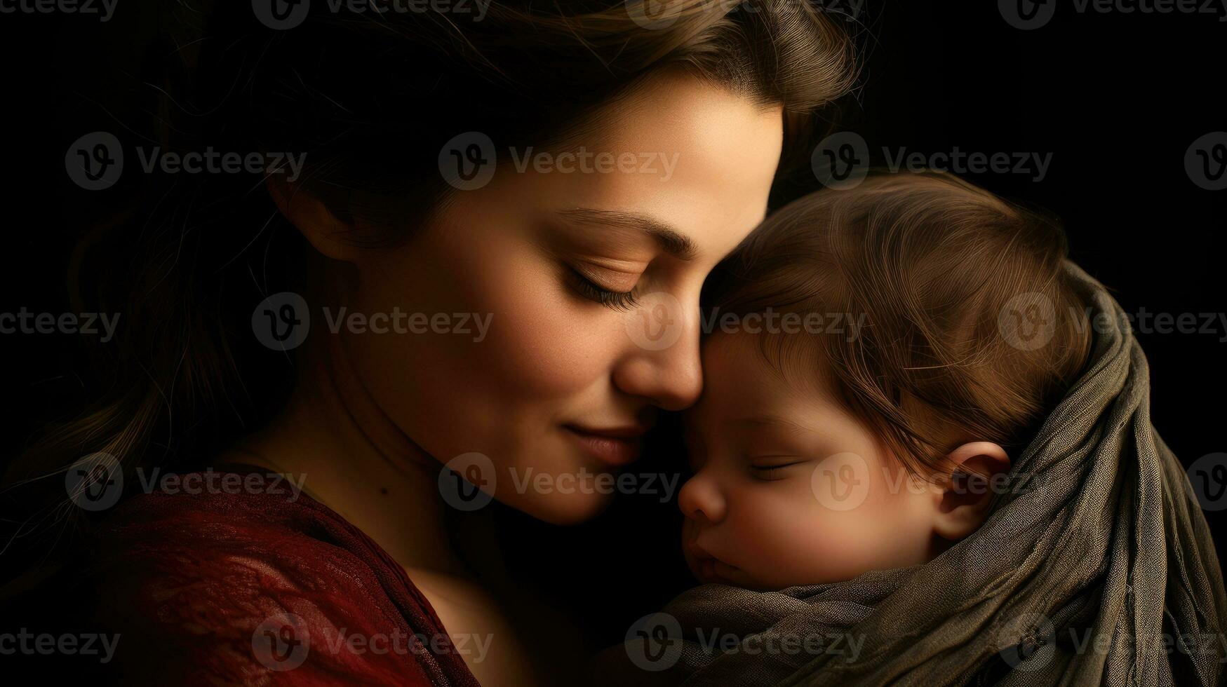 A mother gently resting her child's head on her cheek. Generative AI photo