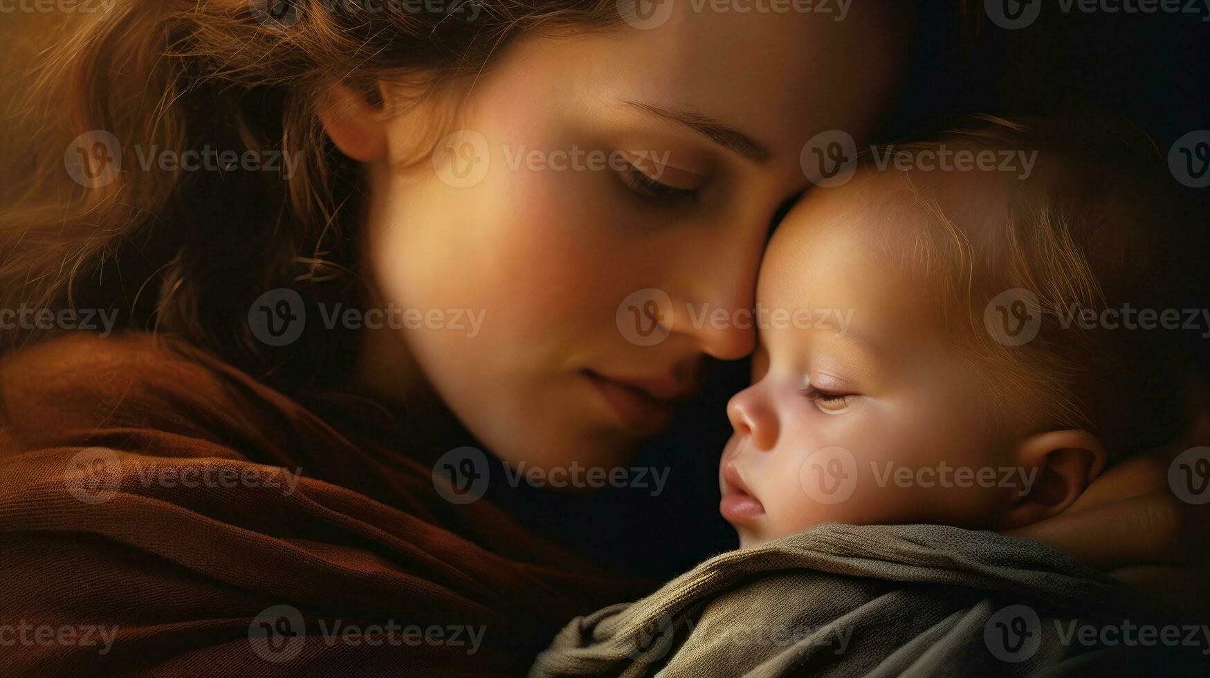 A mother gently resting her child's head on her cheek. Generative AI photo