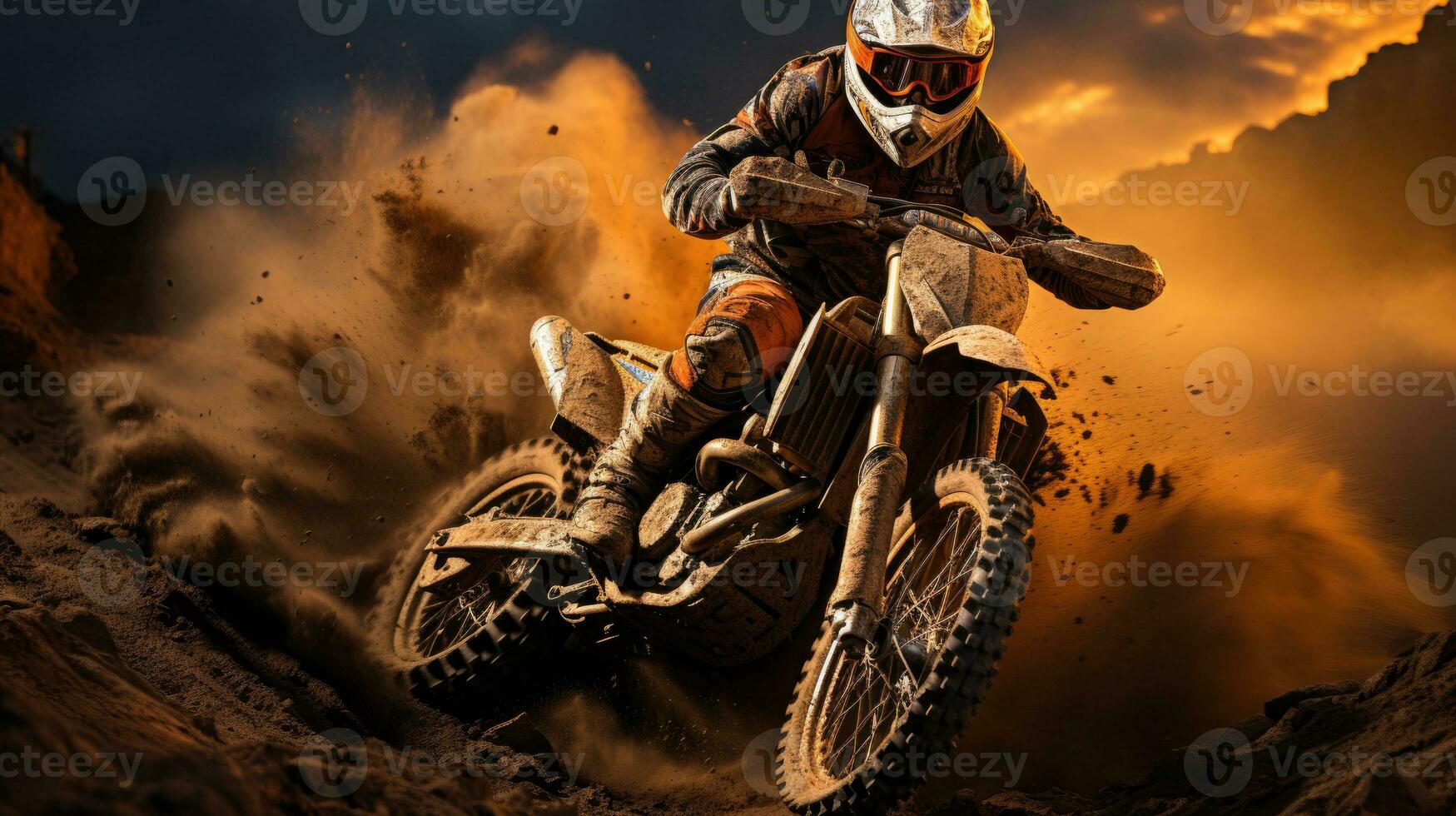 Race of a rough terrain motocross biker. Generative AI photo