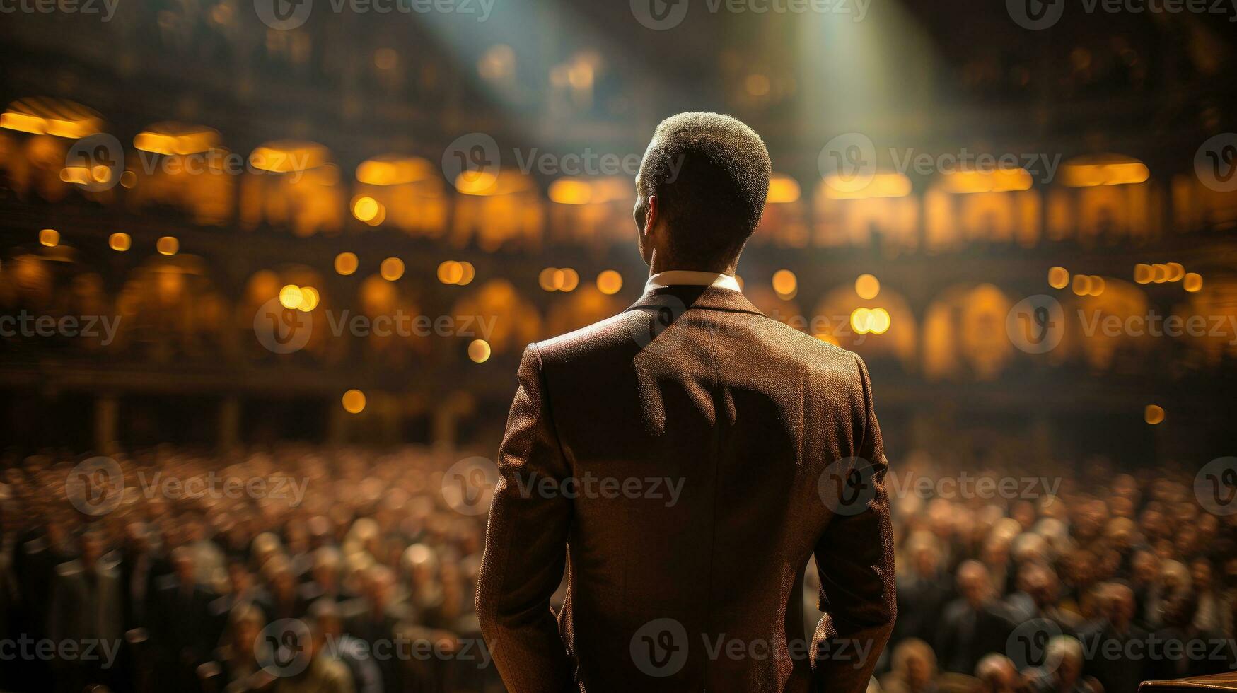 A motivational speaker addresses the audience. Generative AI photo