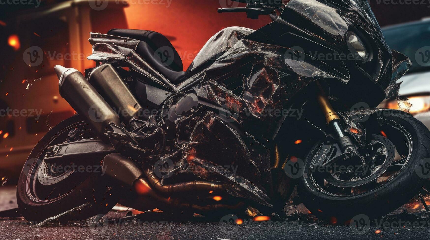 A motorcycle accident with property damage. Generative AI photo