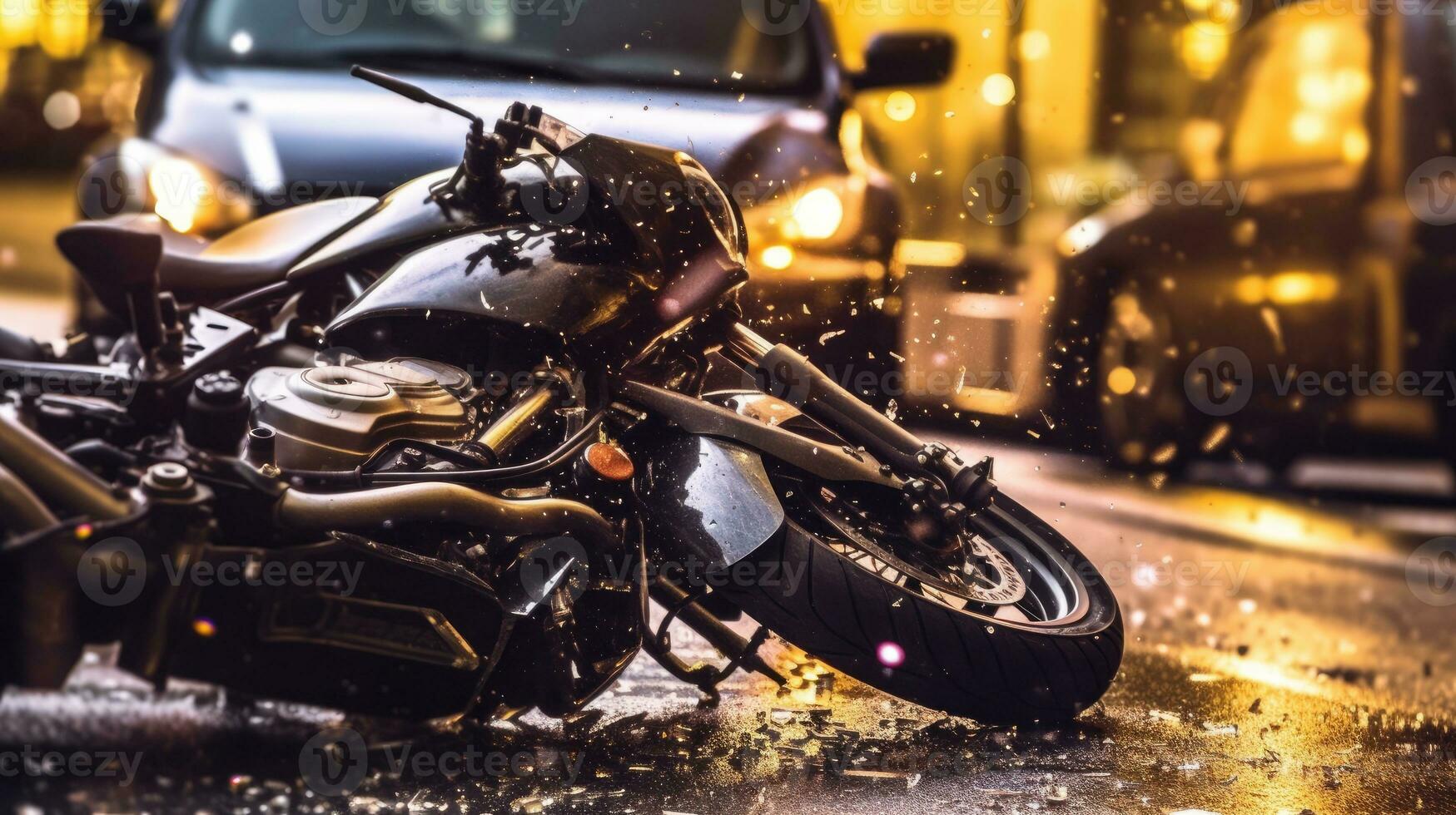 A motorcycle accident with property damage. Generative AI photo