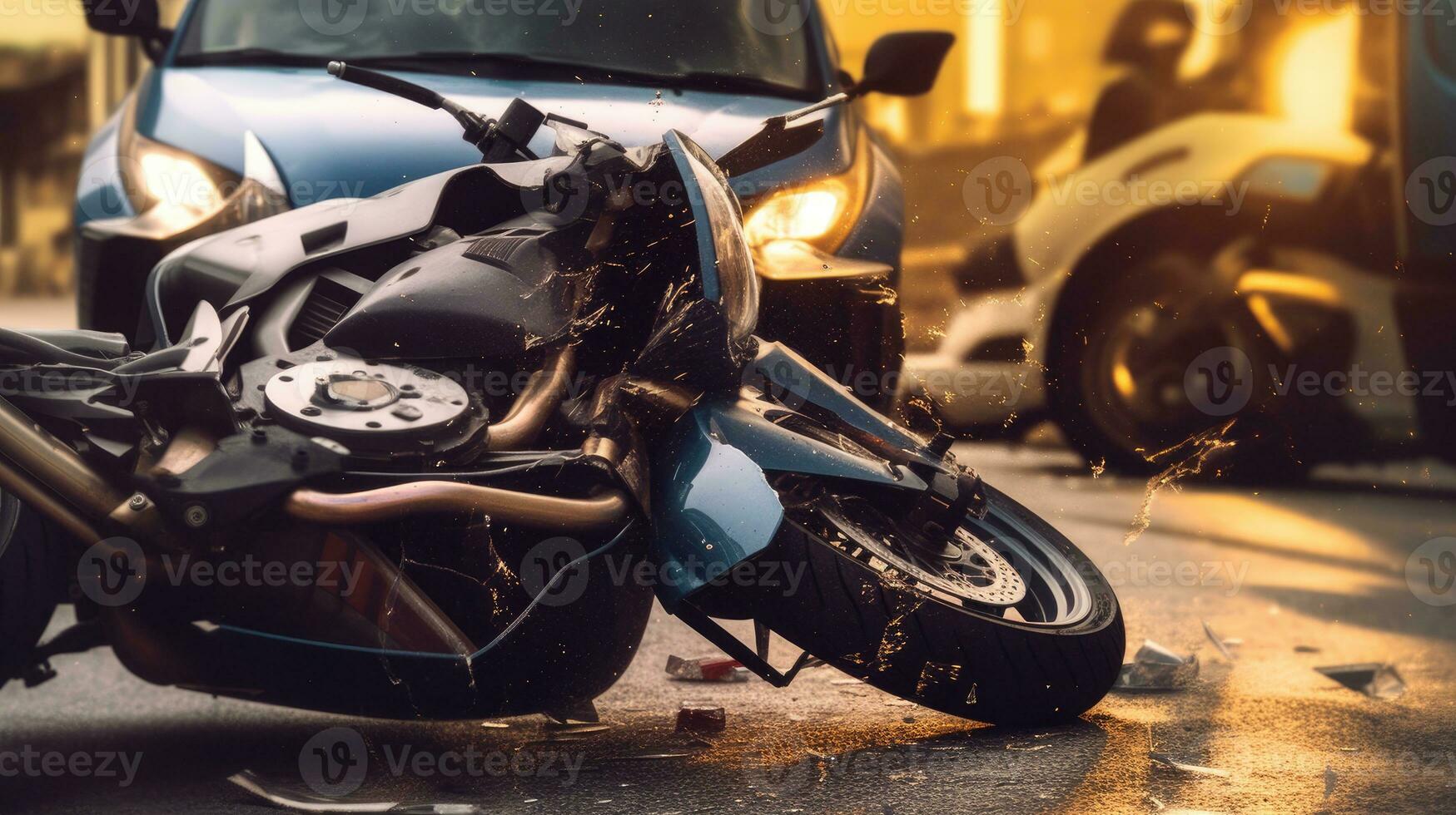 A motorcycle accident with property damage. Generative AI photo