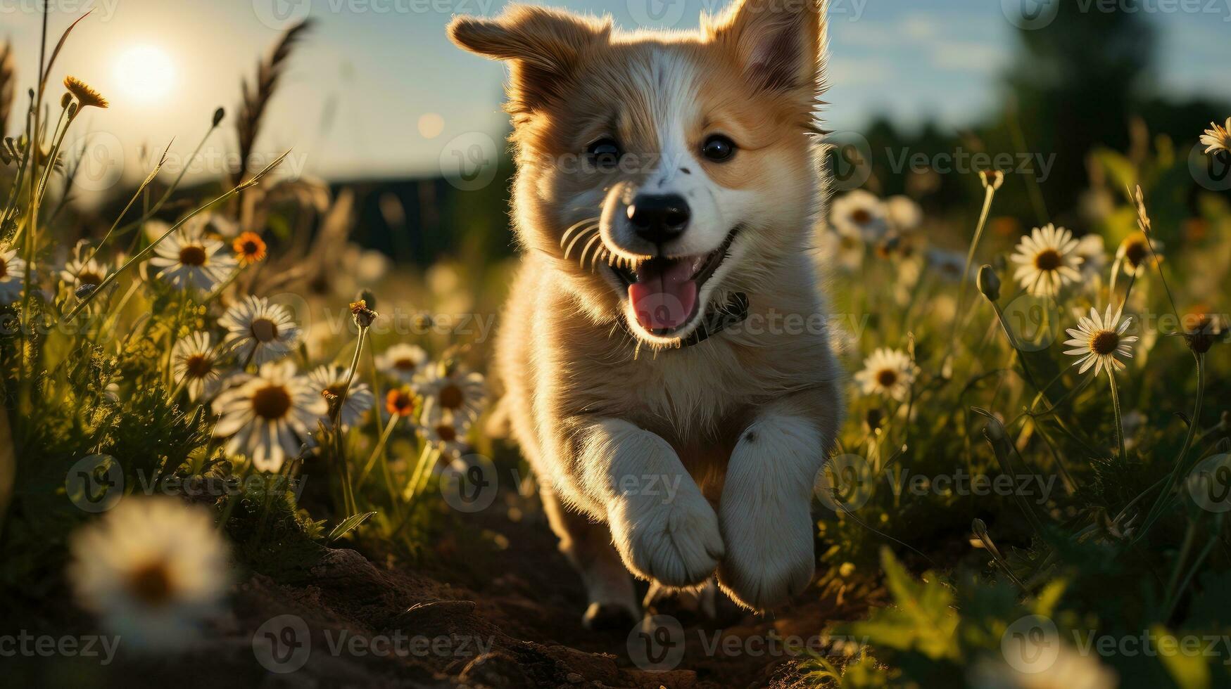 Happy and energetic running of a puppy in nature. Generative AI photo