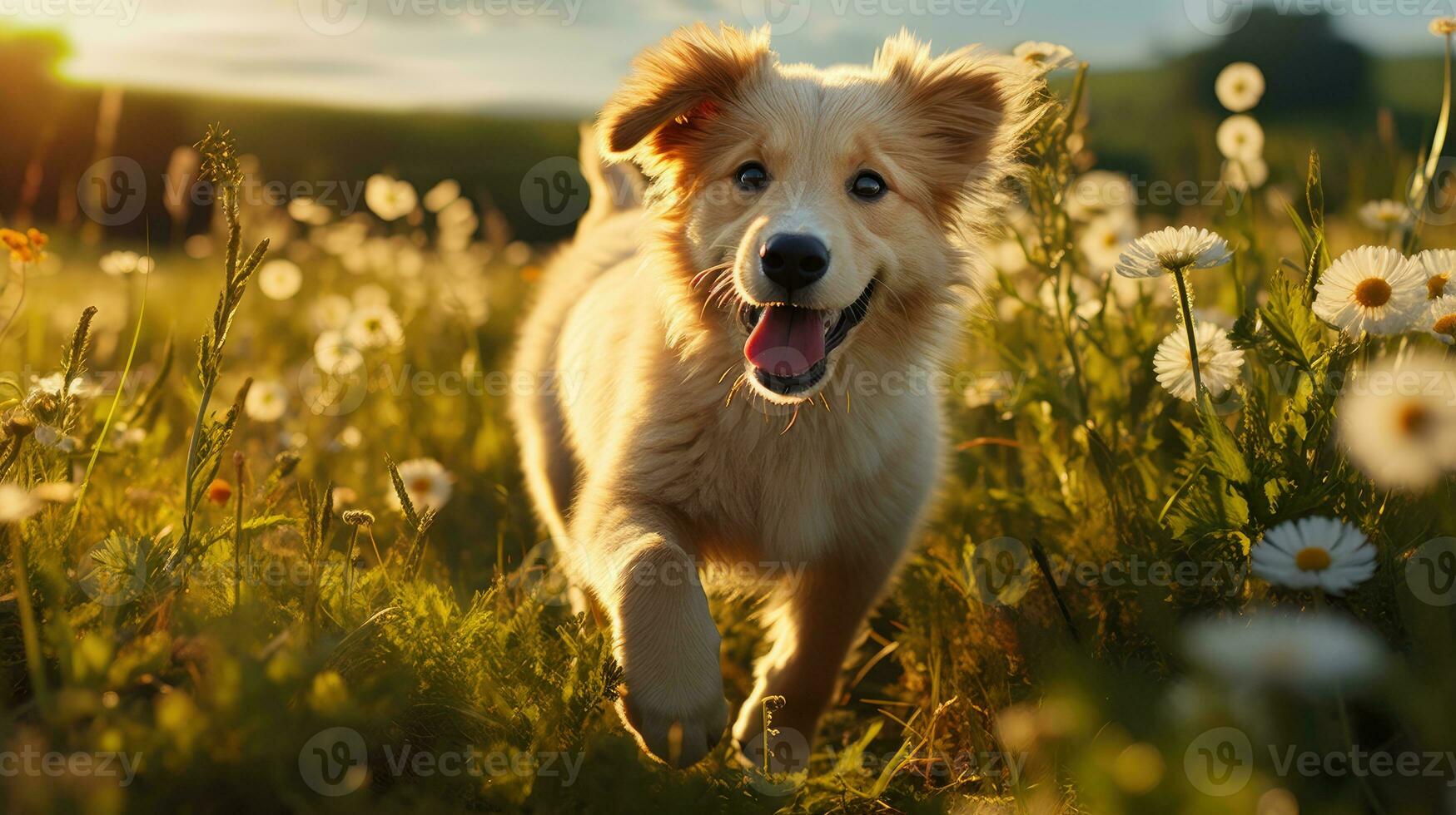 Happy and energetic running of a puppy in nature. Generative AI photo